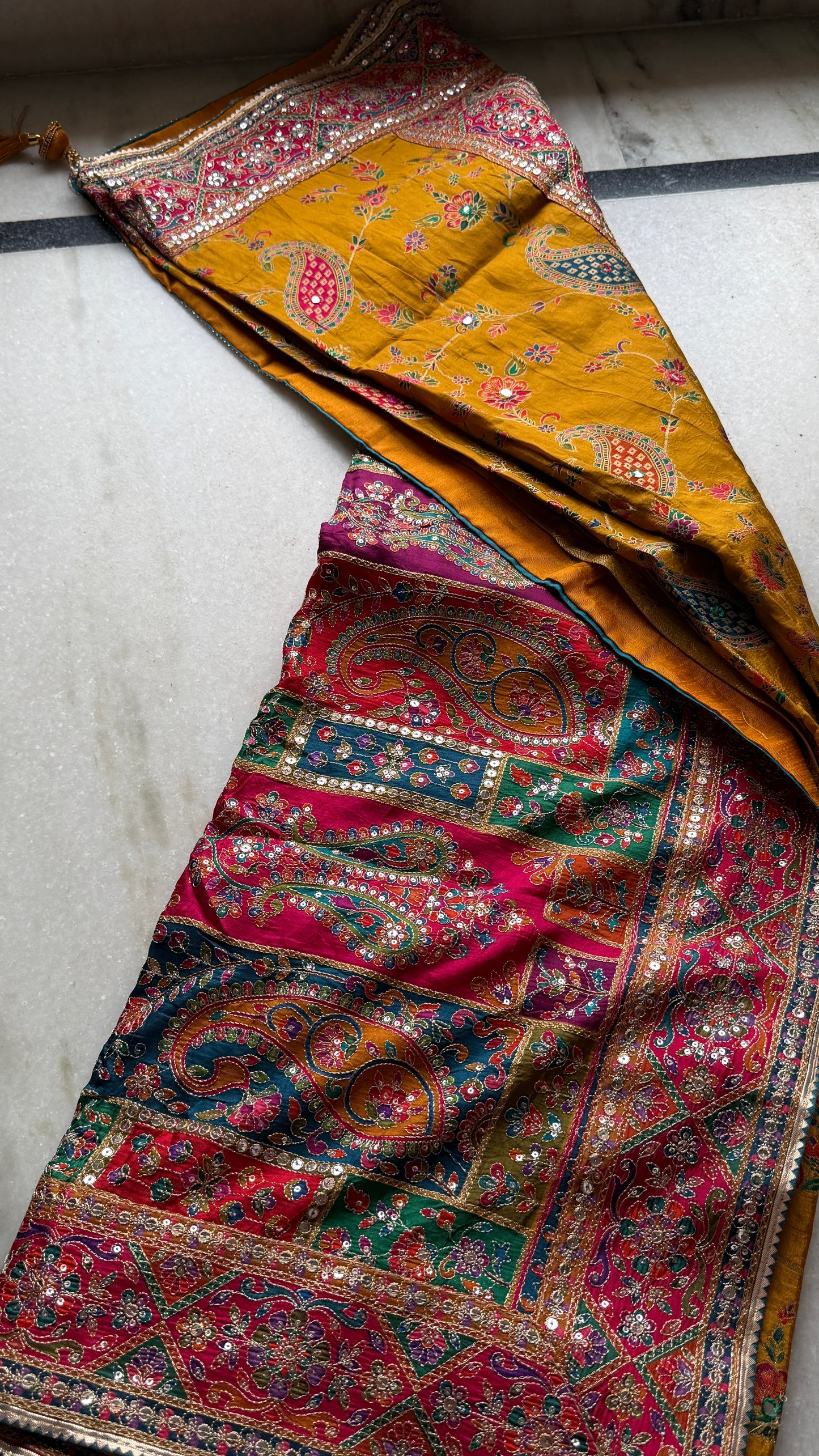 Kani Pashmina Silk Saree in Mustard Yellow with Multicolor Paisley Border & Stitched Embroidered Blouse