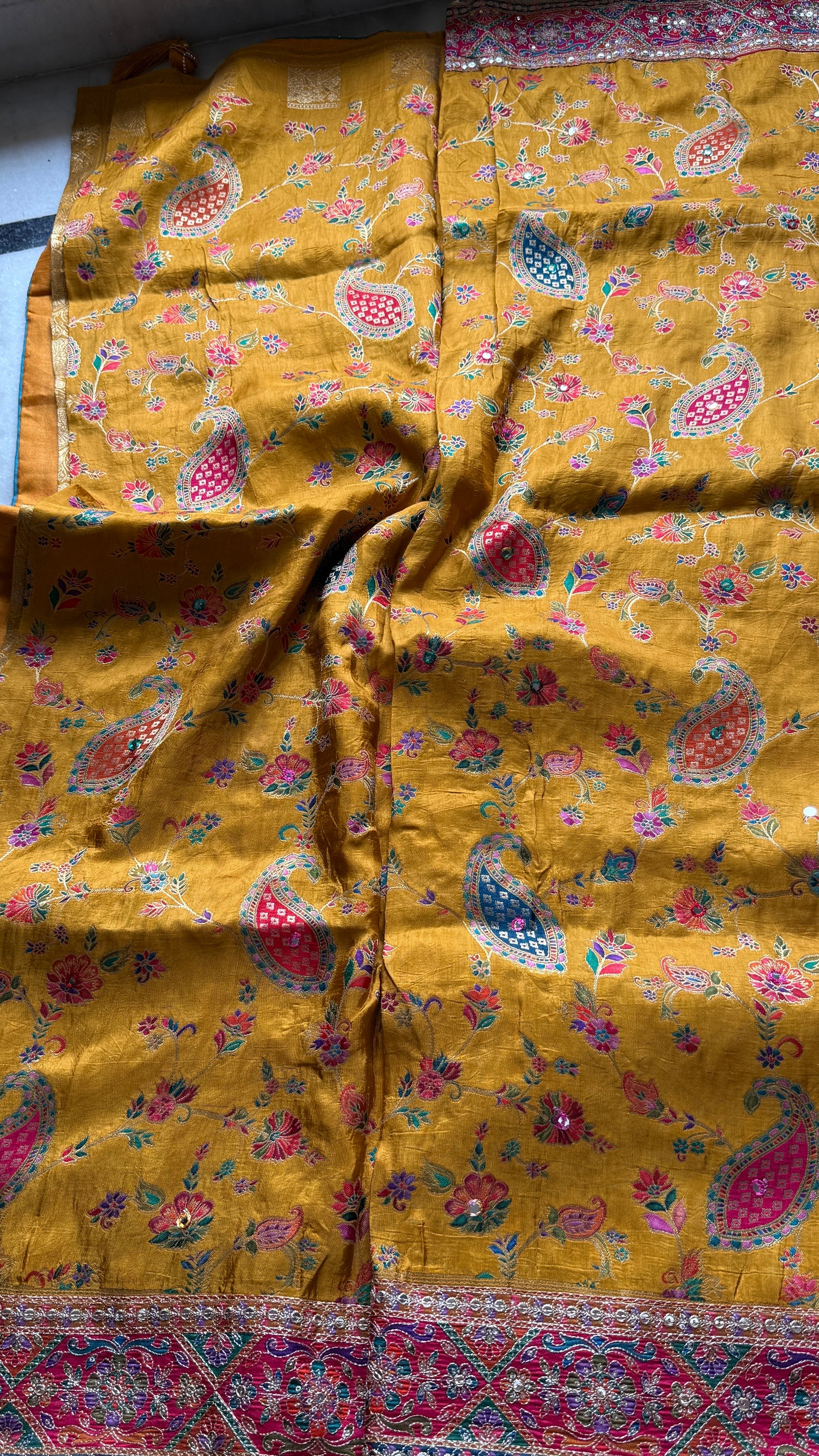 Kani Pashmina Silk Saree in Mustard Yellow with Multicolor Paisley Border & Stitched Embroidered Blouse