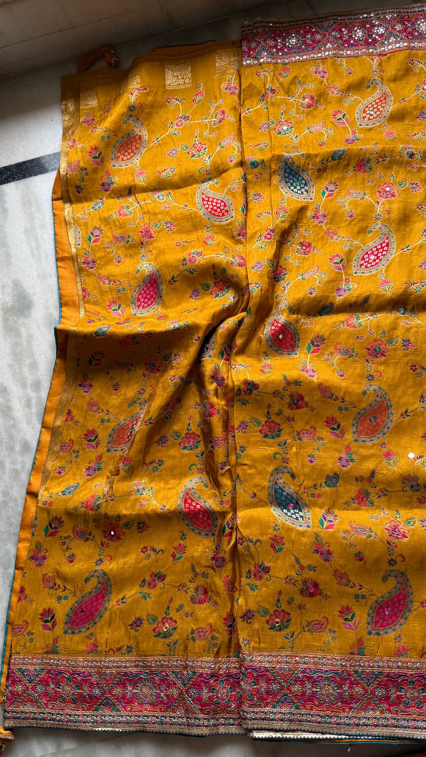 Kani Pashmina Silk Saree in Mustard Yellow with Multicolor Paisley Border & Stitched Embroidered Blouse
