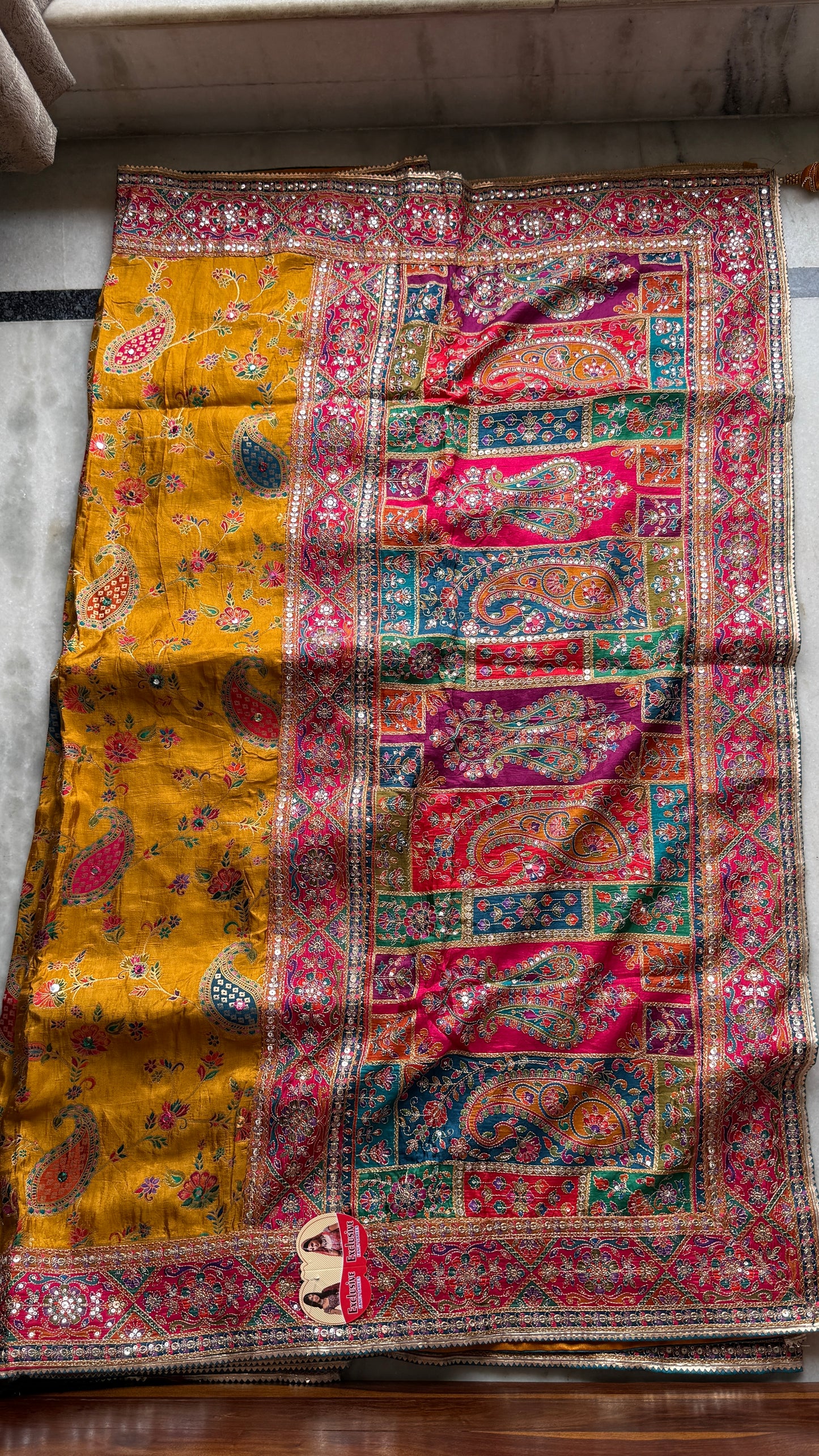 Kani Pashmina Silk Saree in Mustard Yellow with Multicolor Paisley Border & Stitched Embroidered Blouse