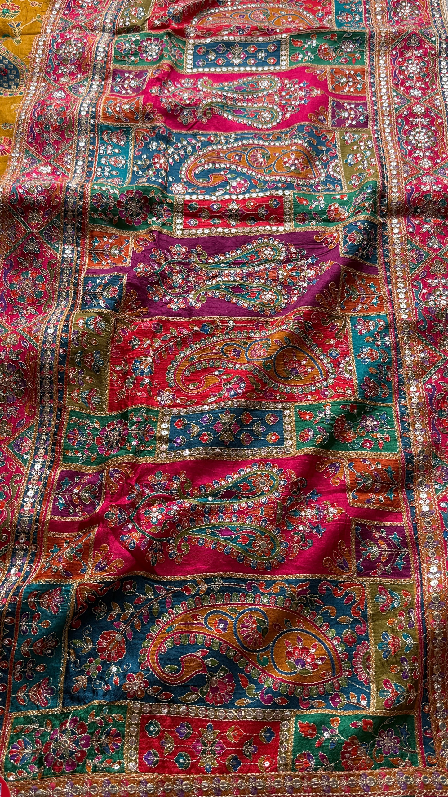 Kani Pashmina Silk Saree in Mustard Yellow with Multicolor Paisley Border & Stitched Embroidered Blouse