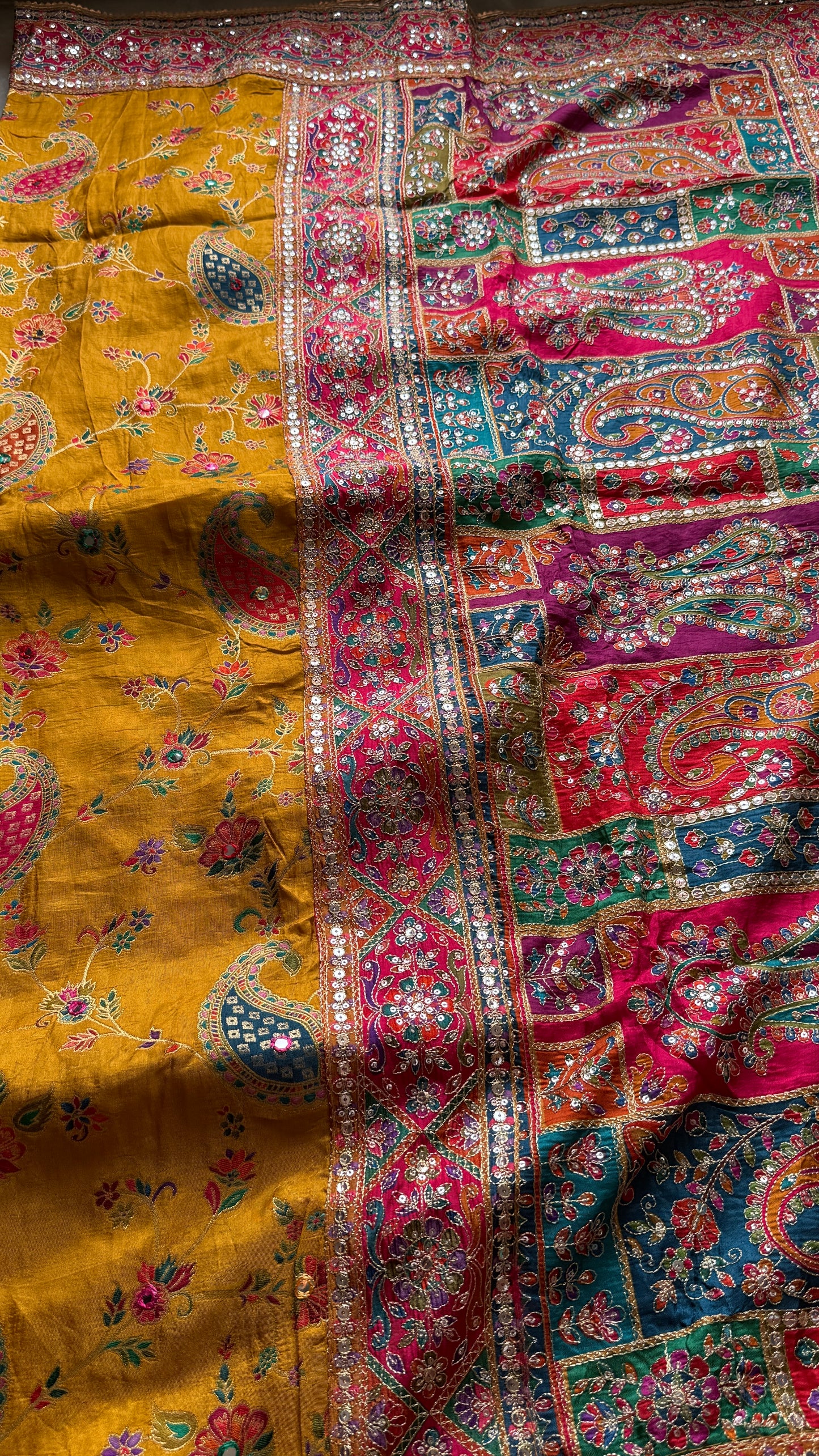 Kani Pashmina Silk Saree in Mustard Yellow with Multicolor Paisley Border & Stitched Embroidered Blouse
