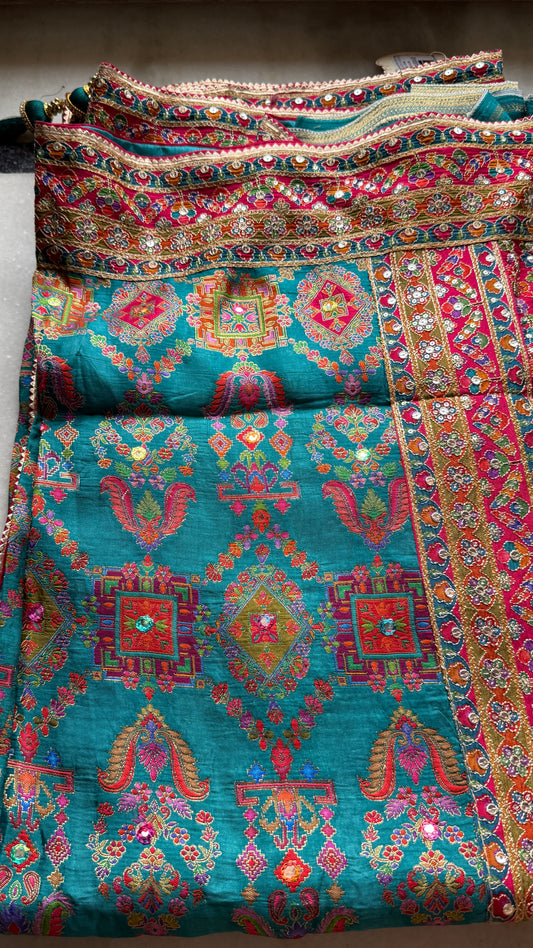 Kani Pashmina Silk Saree in Teal Blue with Multicolor Border & Stitched Embroidered Blouse