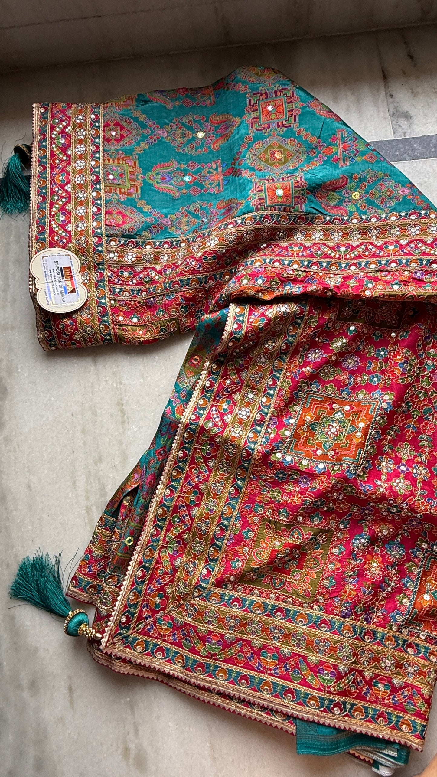 Kani Pashmina Silk Saree in Teal Blue with Multicolor Border & Stitched Embroidered Blouse