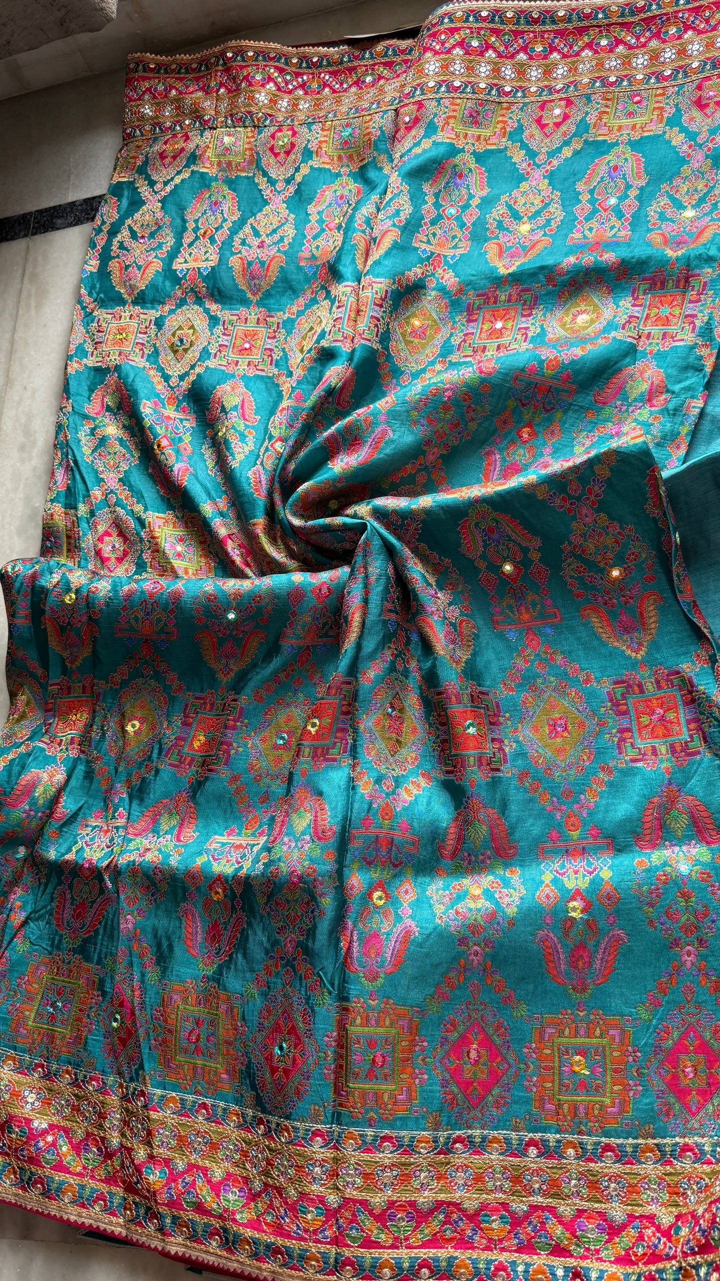 Kani Pashmina Silk Saree in Teal Blue with Multicolor Border & Stitched Embroidered Blouse