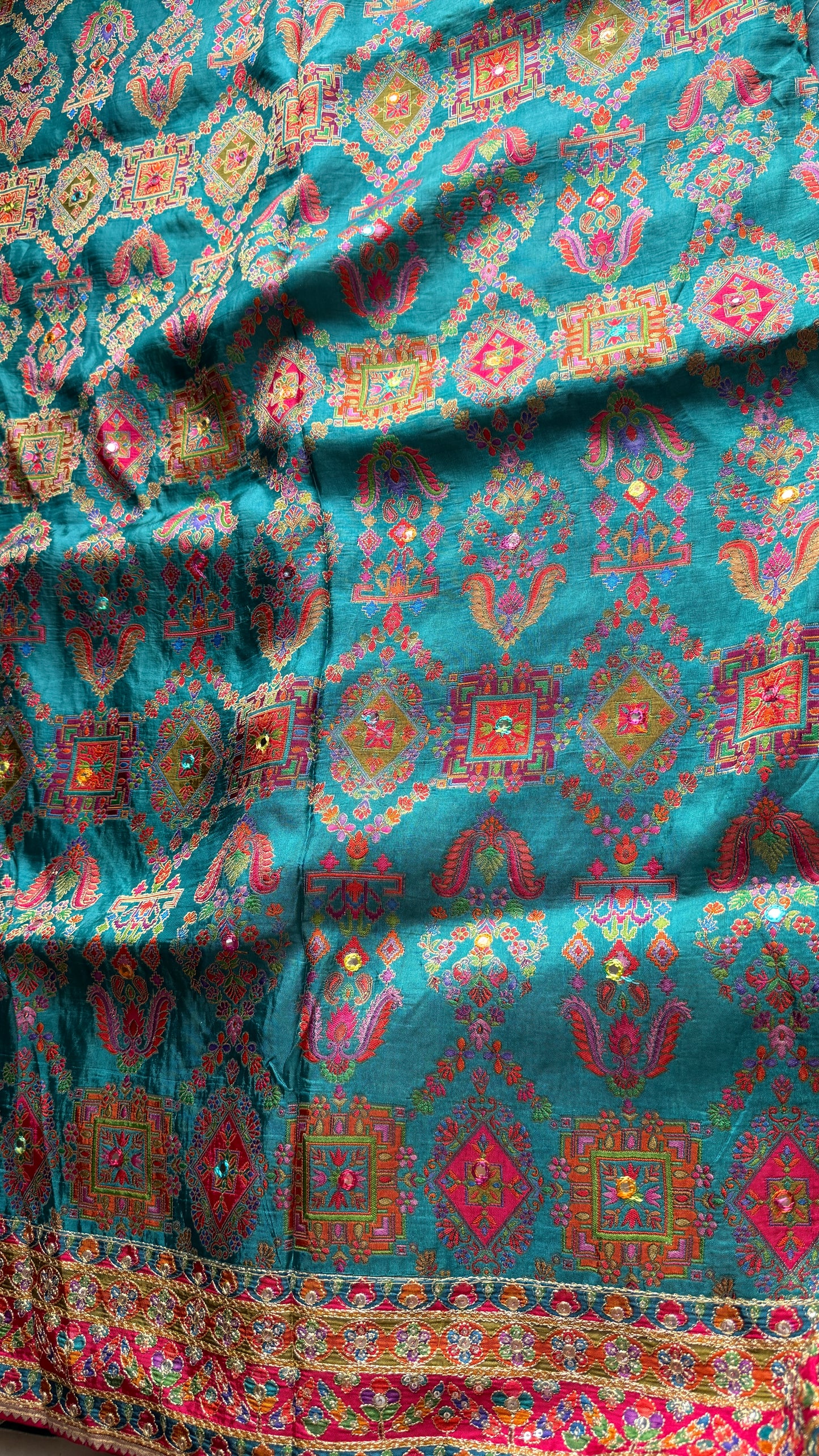 Kani Pashmina Silk Saree in Teal Blue with Multicolor Border & Stitched Embroidered Blouse