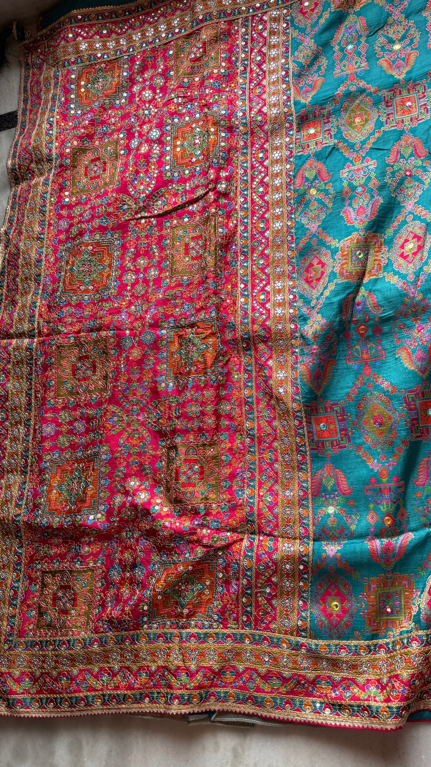 Kani Pashmina Silk Saree in Teal Blue with Multicolor Border & Stitched Embroidered Blouse