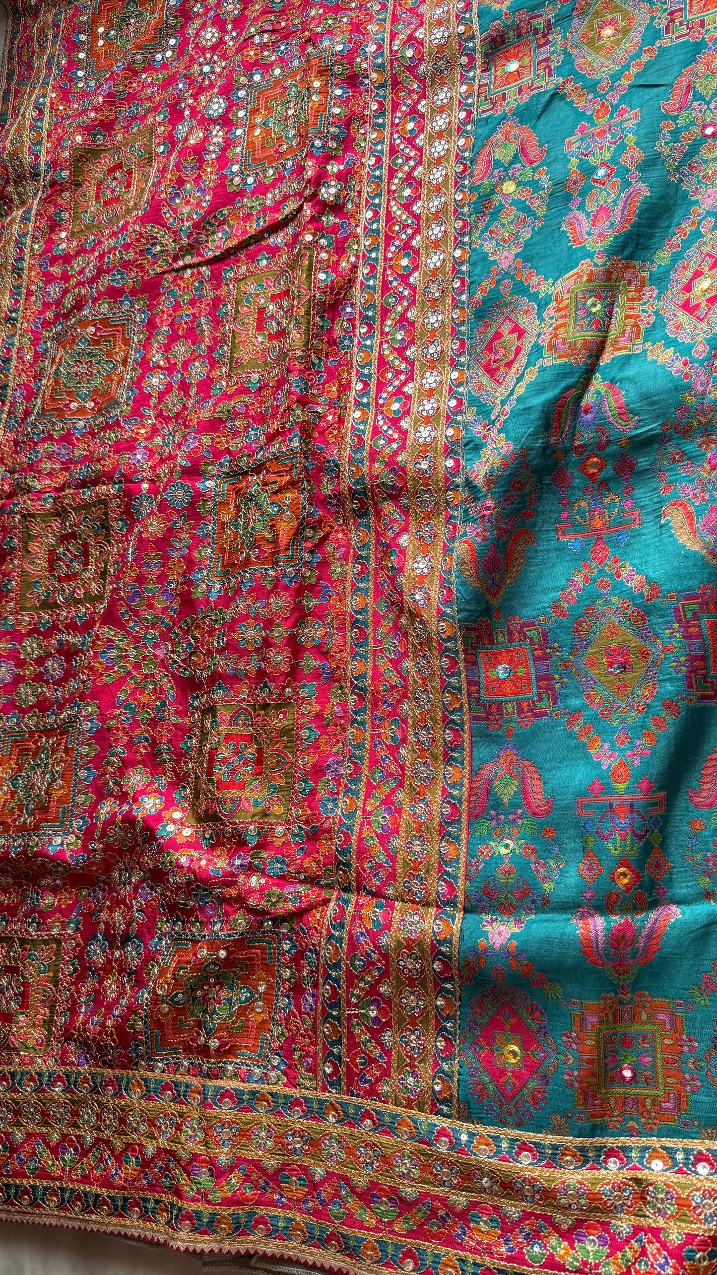 Kani Pashmina Silk Saree in Teal Blue with Multicolor Border & Stitched Embroidered Blouse