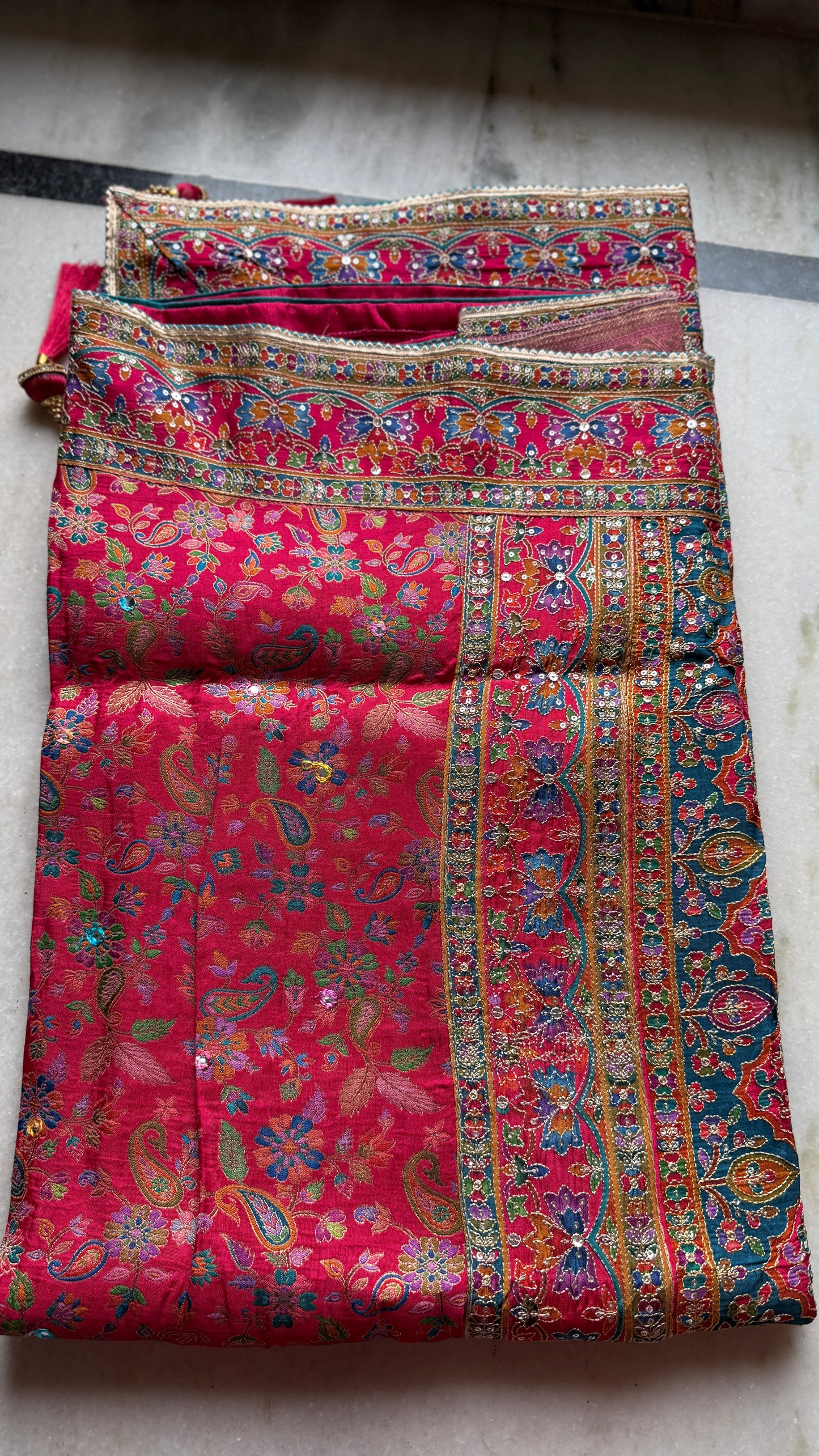 Kani Pashmina Silk Saree in Rani Pink with Multicolor Border & Stitched Embroidered Blouse