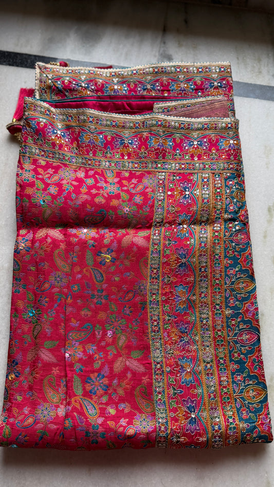 Kani Pashmina Silk Saree in Rani Pink with Multicolor Border & Stitched Embroidered Blouse