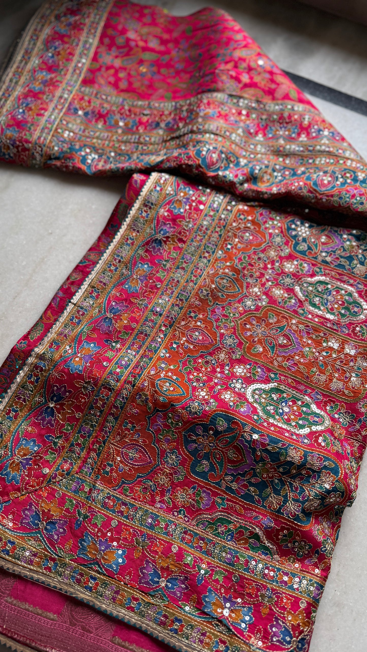 Kani Pashmina Silk Saree in Rani Pink with Multicolor Border & Stitched Embroidered Blouse