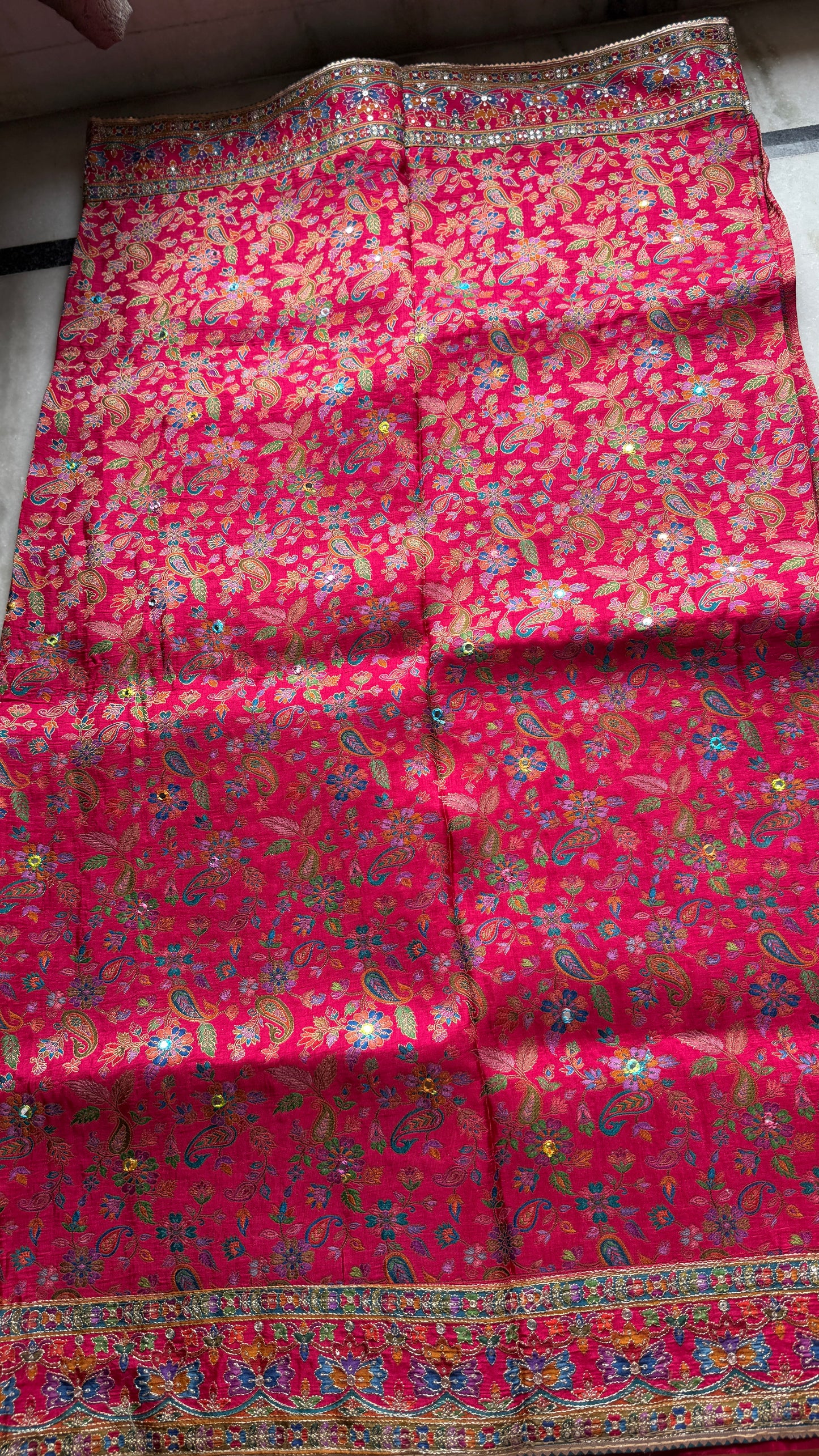 Kani Pashmina Silk Saree in Rani Pink with Multicolor Border & Stitched Embroidered Blouse