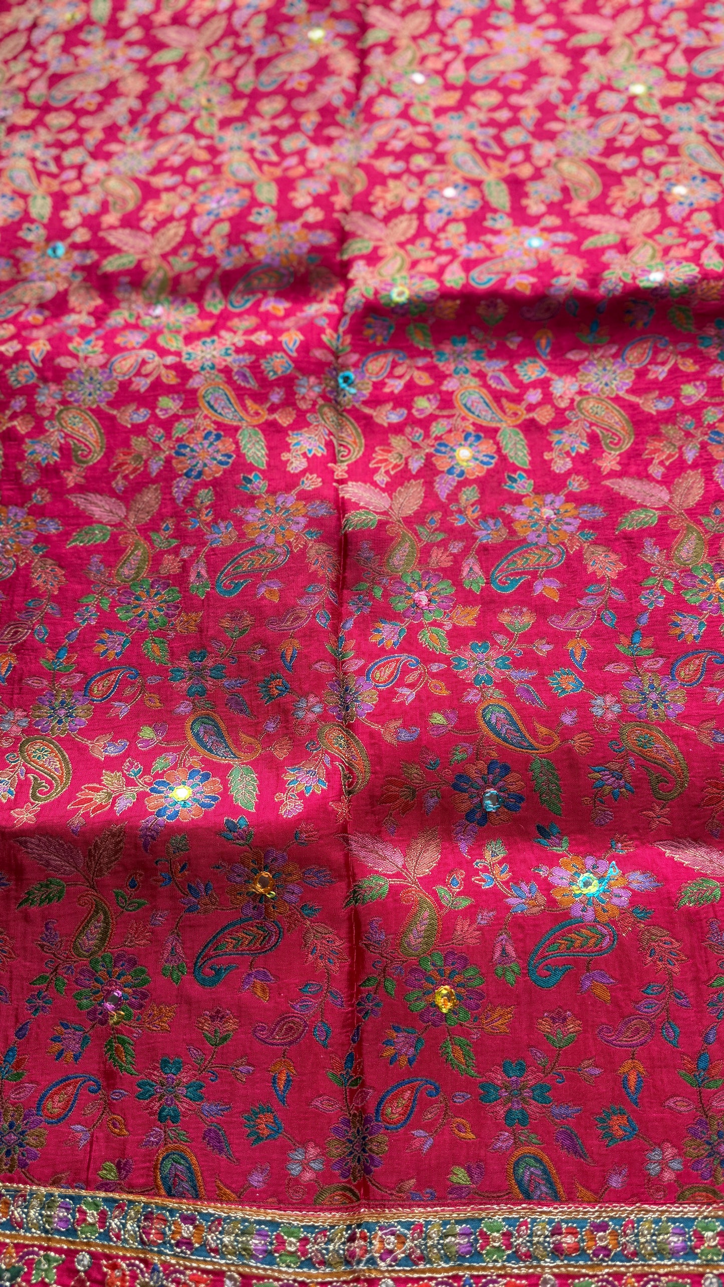 Kani Pashmina Silk Saree in Rani Pink with Multicolor Border & Stitched Embroidered Blouse