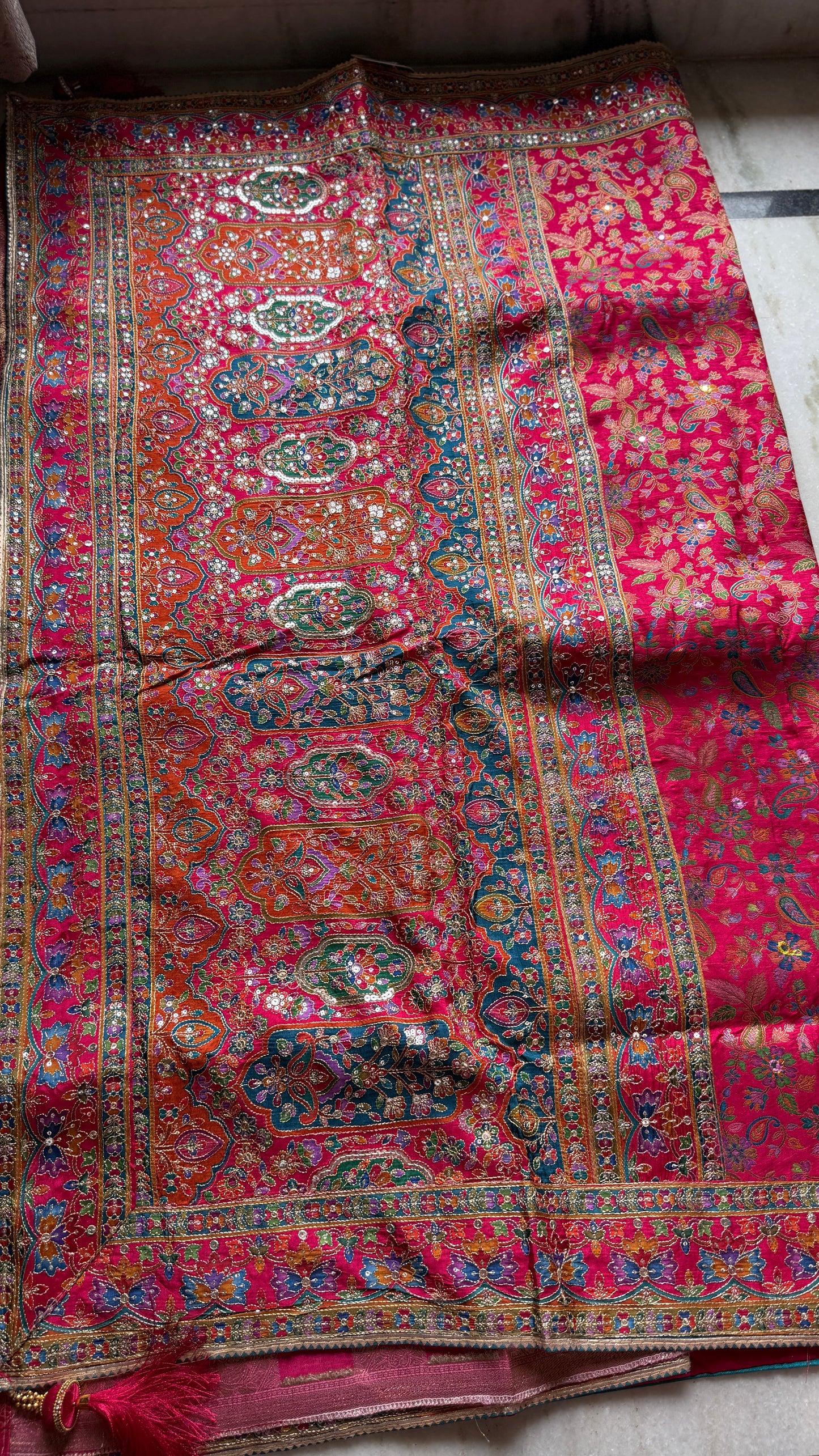 Kani Pashmina Silk Saree in Rani Pink with Multicolor Border & Stitched Embroidered Blouse