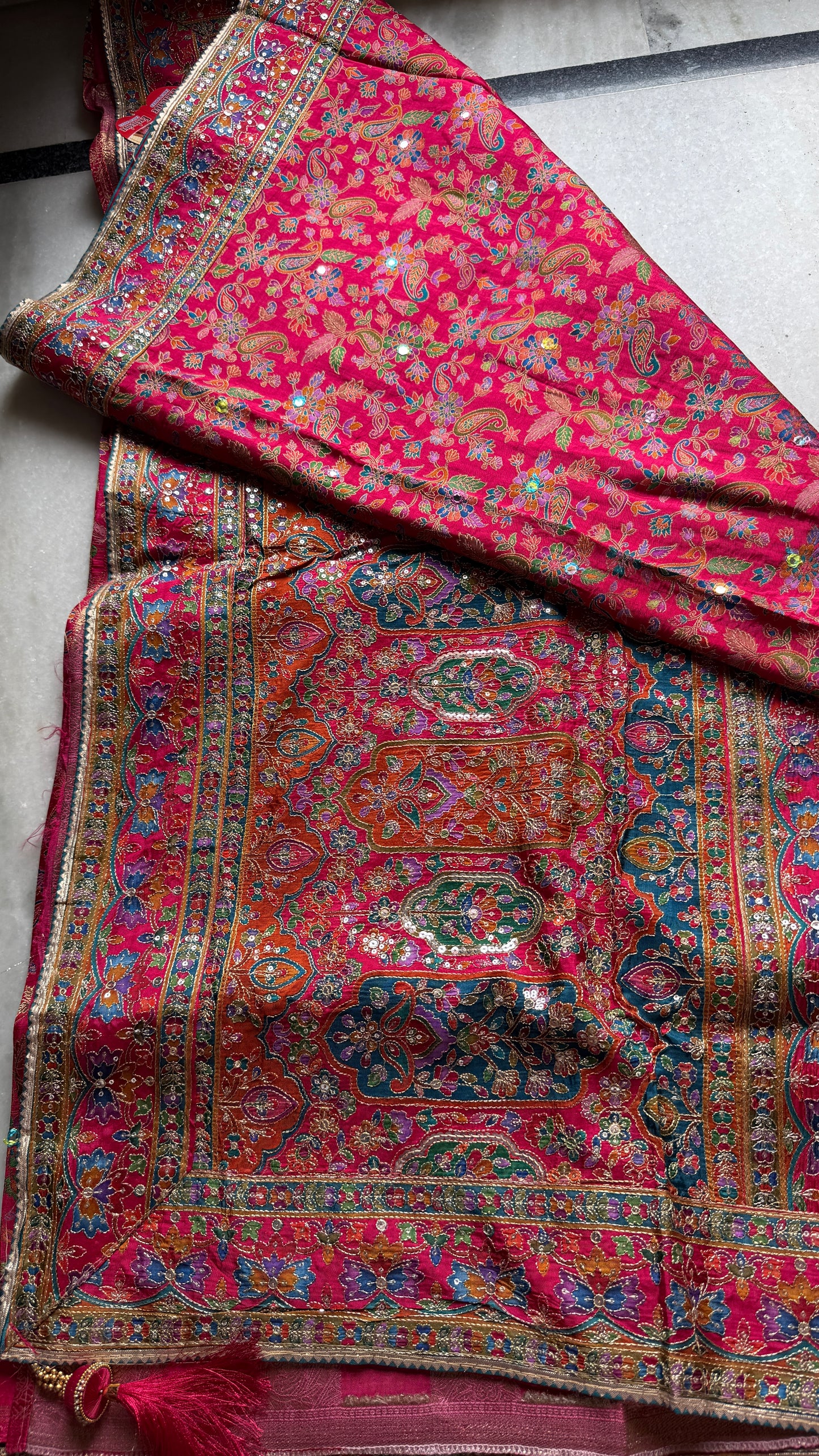 Kani Pashmina Silk Saree in Rani Pink with Multicolor Border & Stitched Embroidered Blouse