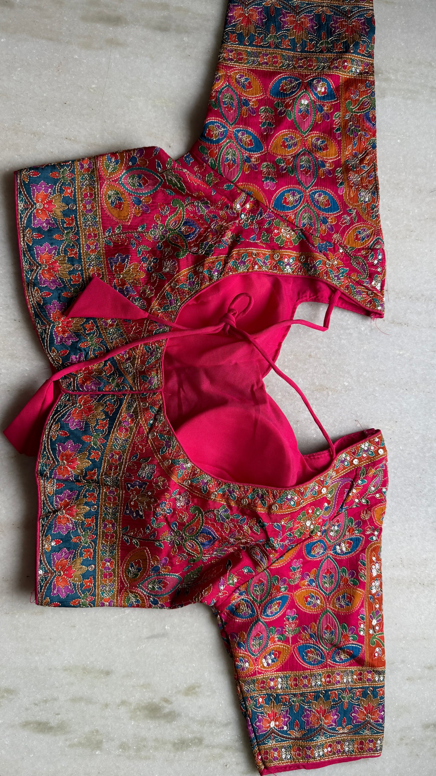 Kani Pashmina Silk Saree in Rani Pink with Multicolor Border & Stitched Embroidered Blouse