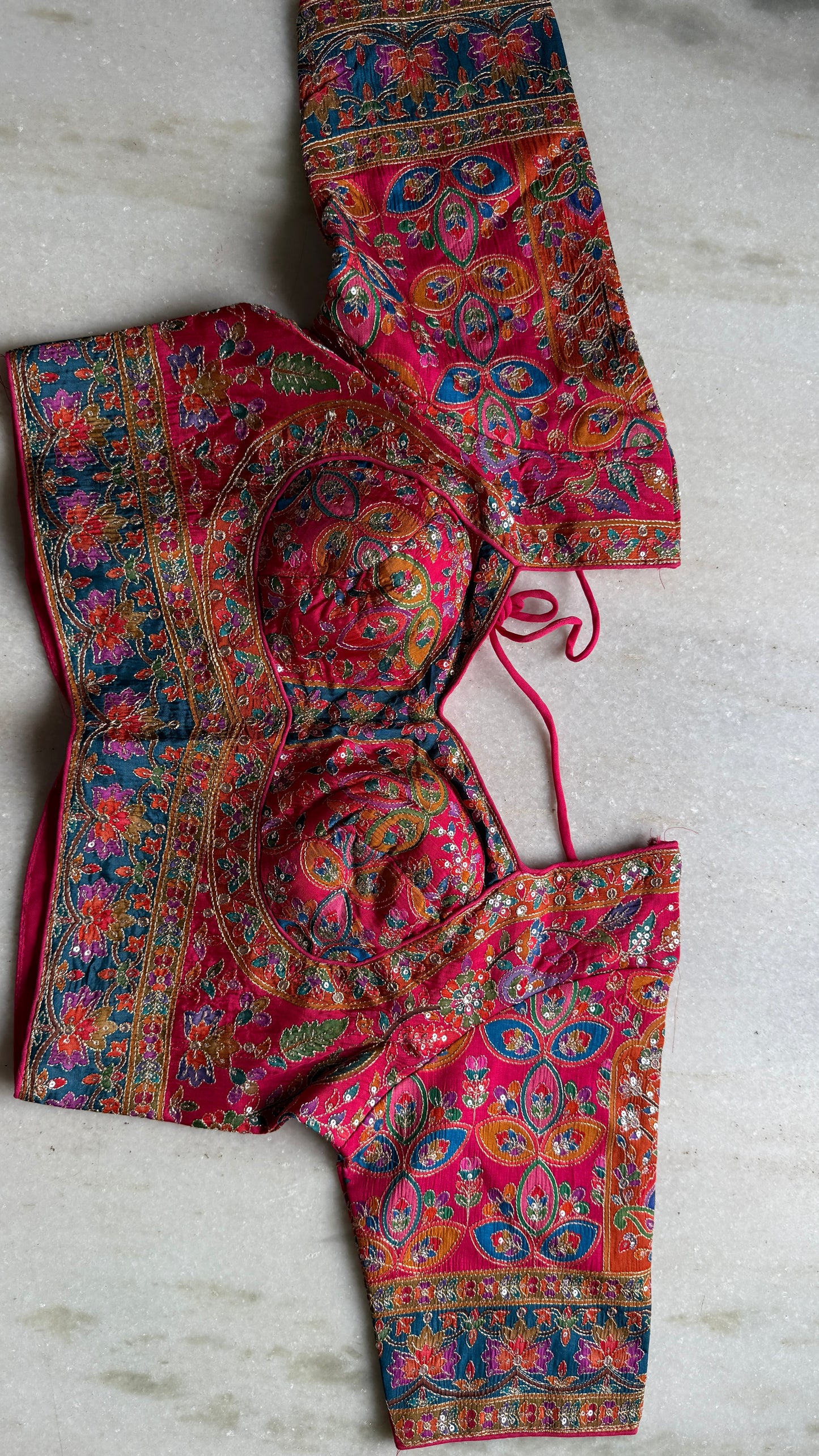 Kani Pashmina Silk Saree in Rani Pink with Multicolor Border & Stitched Embroidered Blouse