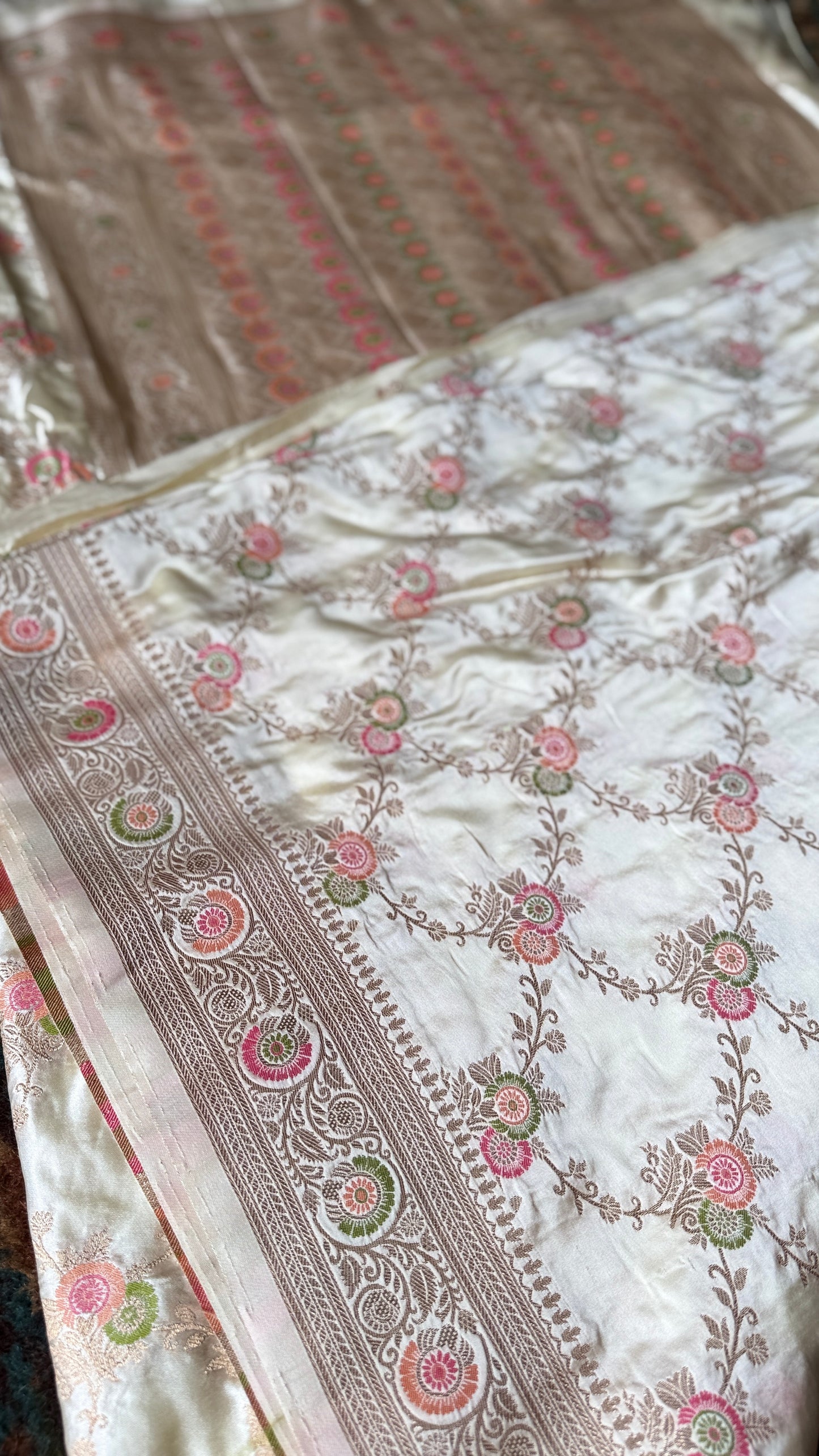 Ivory Banarasi Katan Silk Saree with Pink-Green Zari Floral Jaal & Blouse Piece