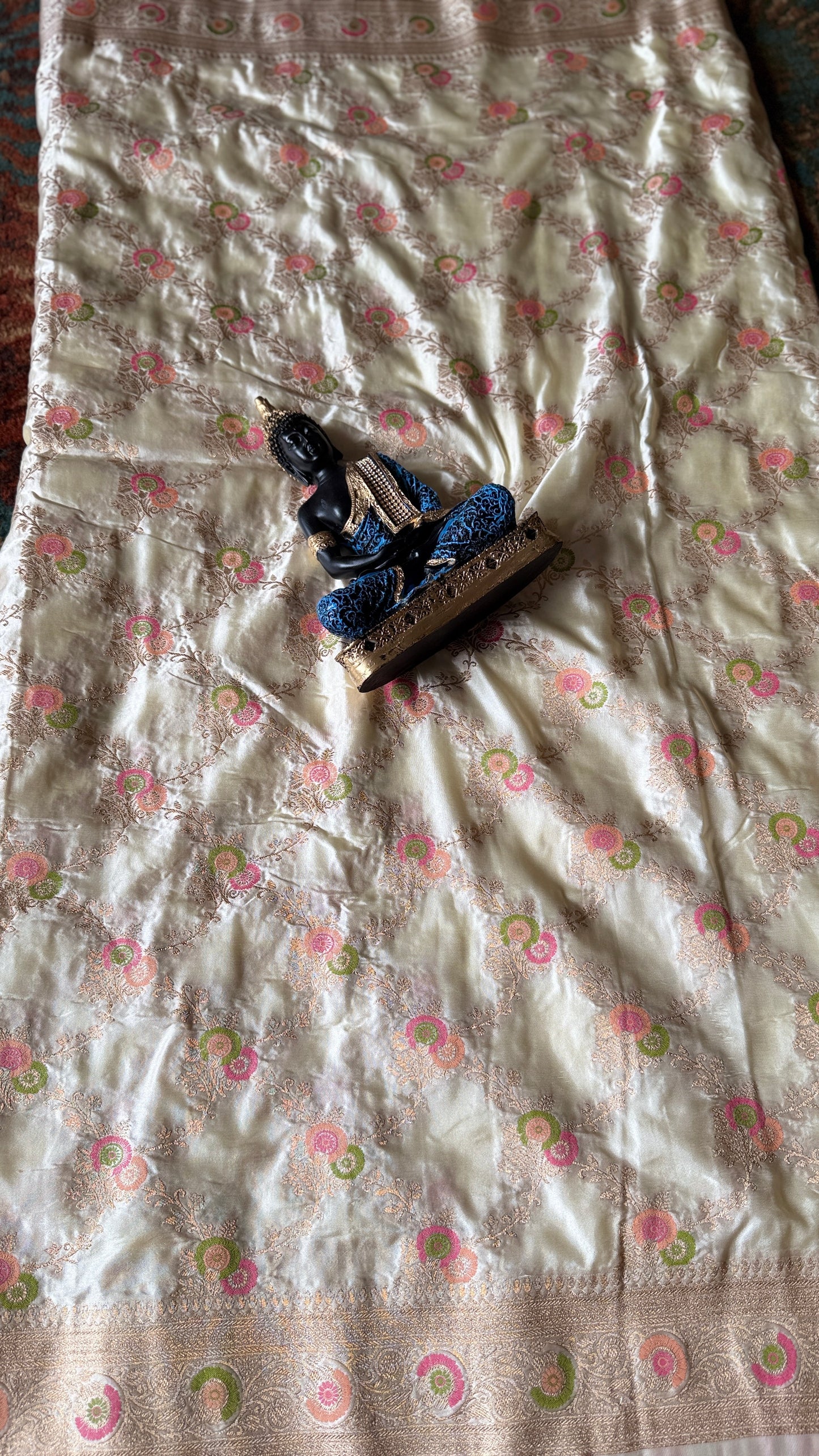 Ivory Banarasi Katan Silk Saree with Pink-Green Zari Floral Jaal & Blouse Piece