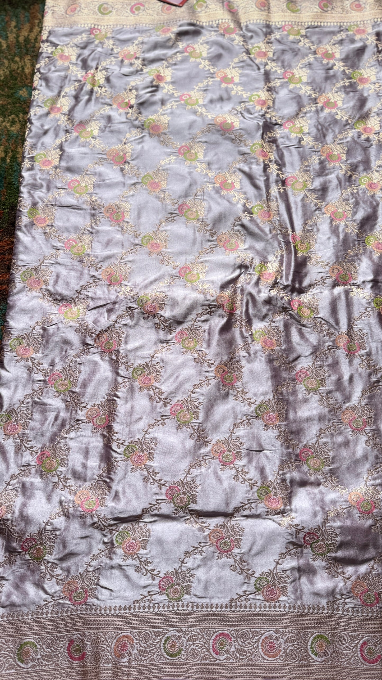 Light Lavender Banarasi Katan Silk Saree with Pink-Green Zari Floral Jaal & Blouse Piece