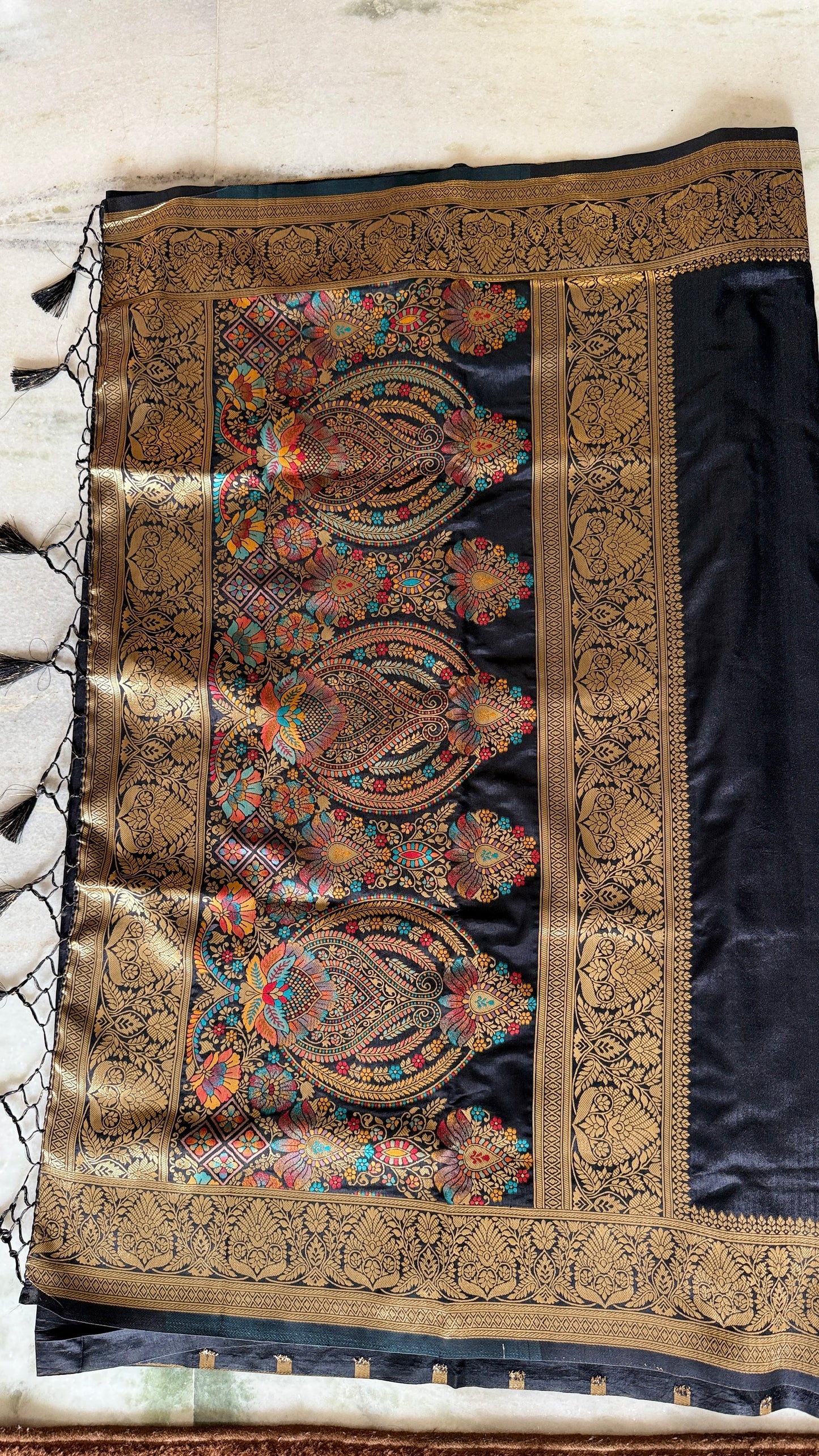 Charcoal Black Meenakari Ghicha Silk Mix Saree with Gold Zari Border