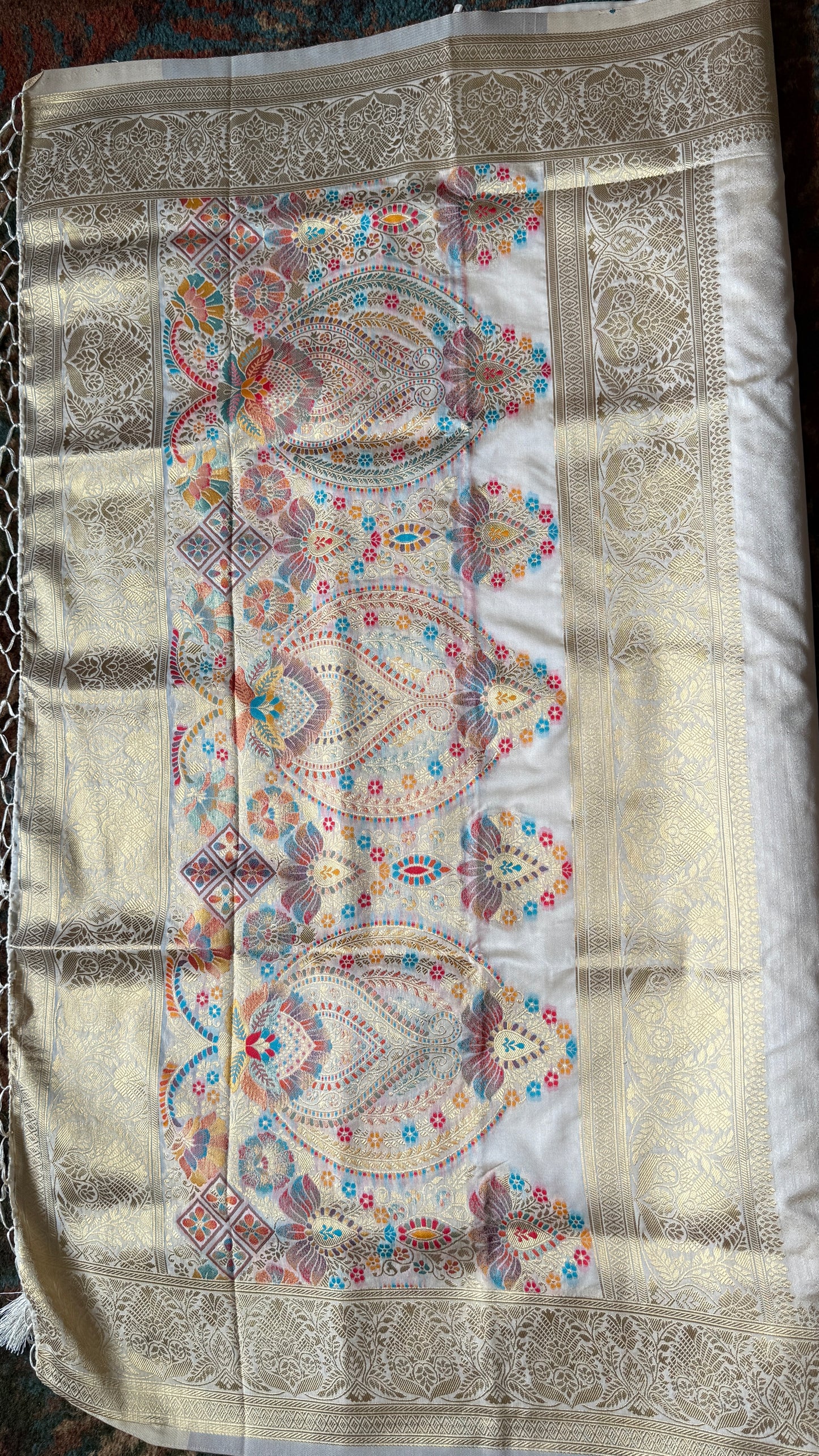 Ivory Meenakari Ghicha Silk Mix Saree with Gold Zari Border