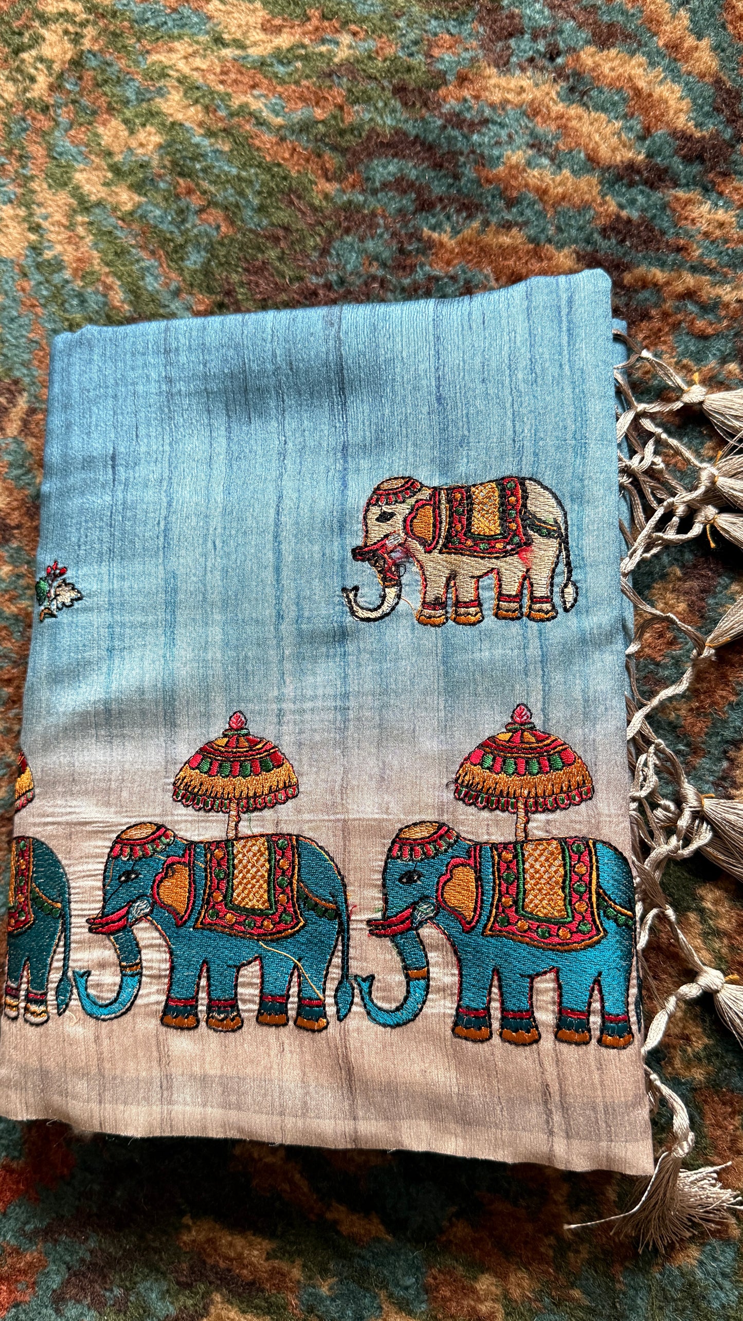 Sky Blue Ombre Tussar Silk Saree with Narthaki Print & Elephant Applique with Blouse Piece