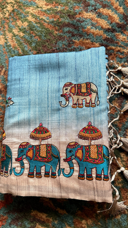 Sky Blue Ombre Tussar Silk Saree with Narthaki Print & Elephant Applique with Blouse Piece