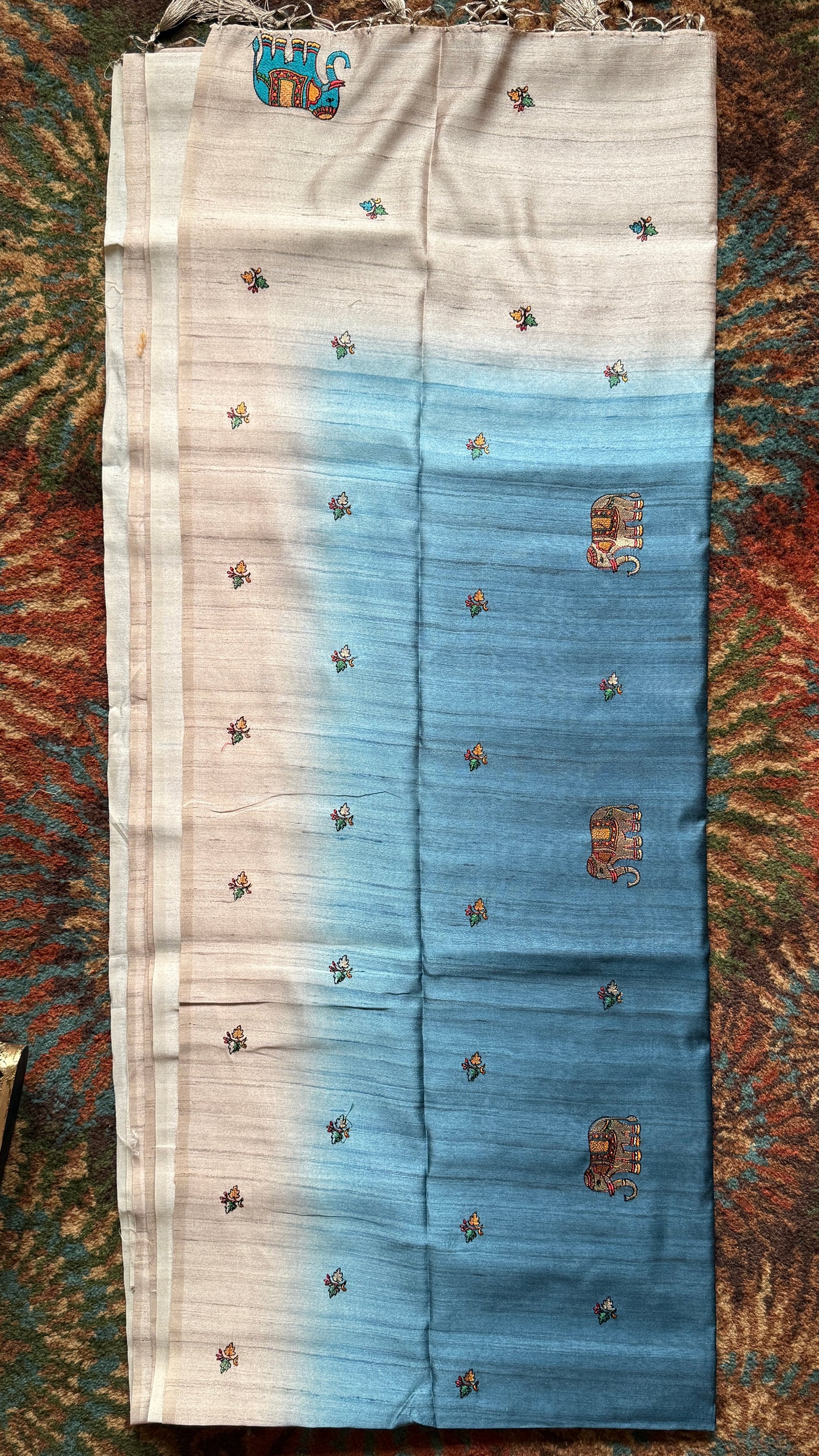 Sky Blue Ombre Tussar Silk Saree with Narthaki Print & Elephant Applique with Blouse Piece
