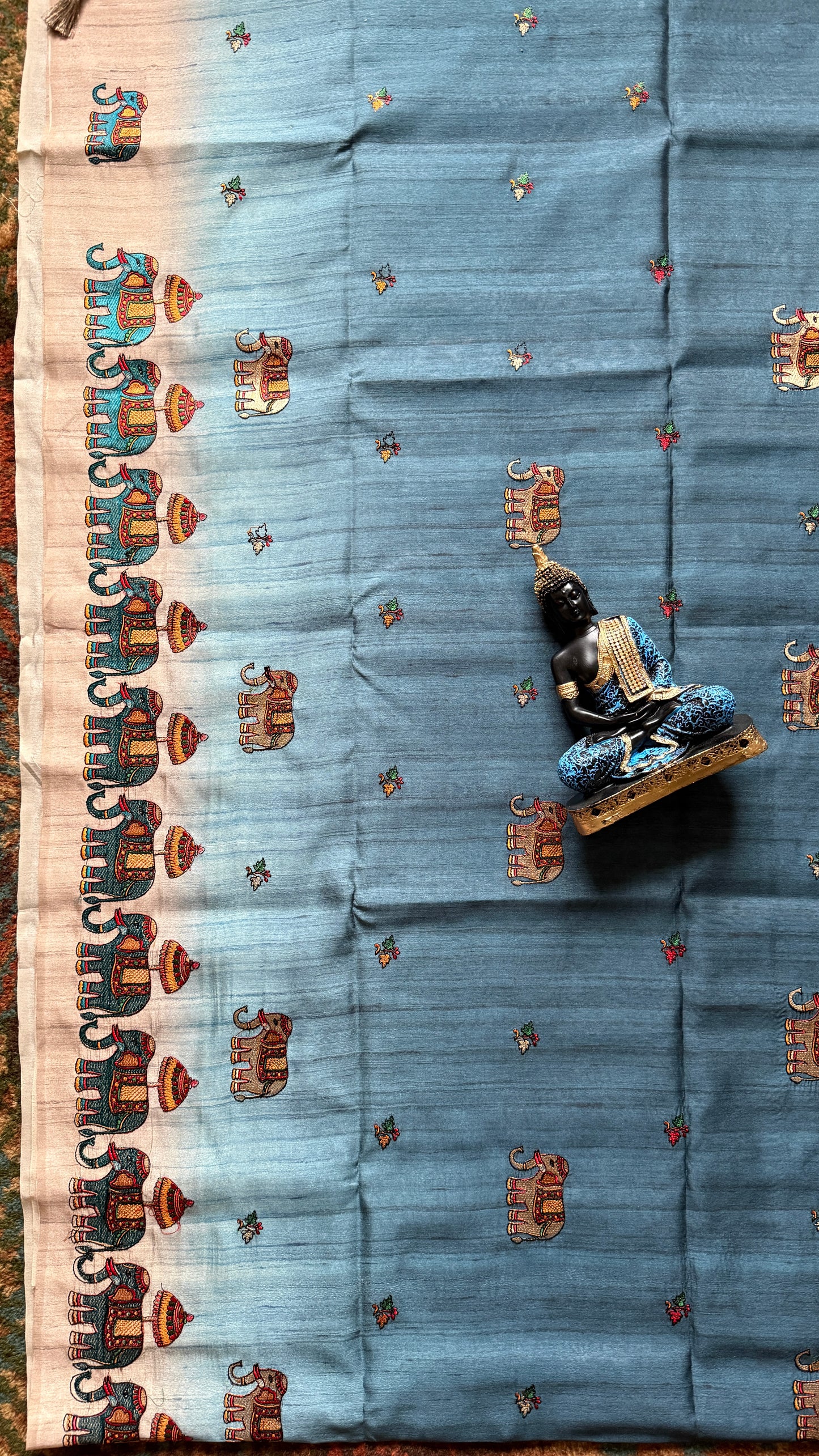 Sky Blue Ombre Tussar Silk Saree with Narthaki Print & Elephant Applique with Blouse Piece