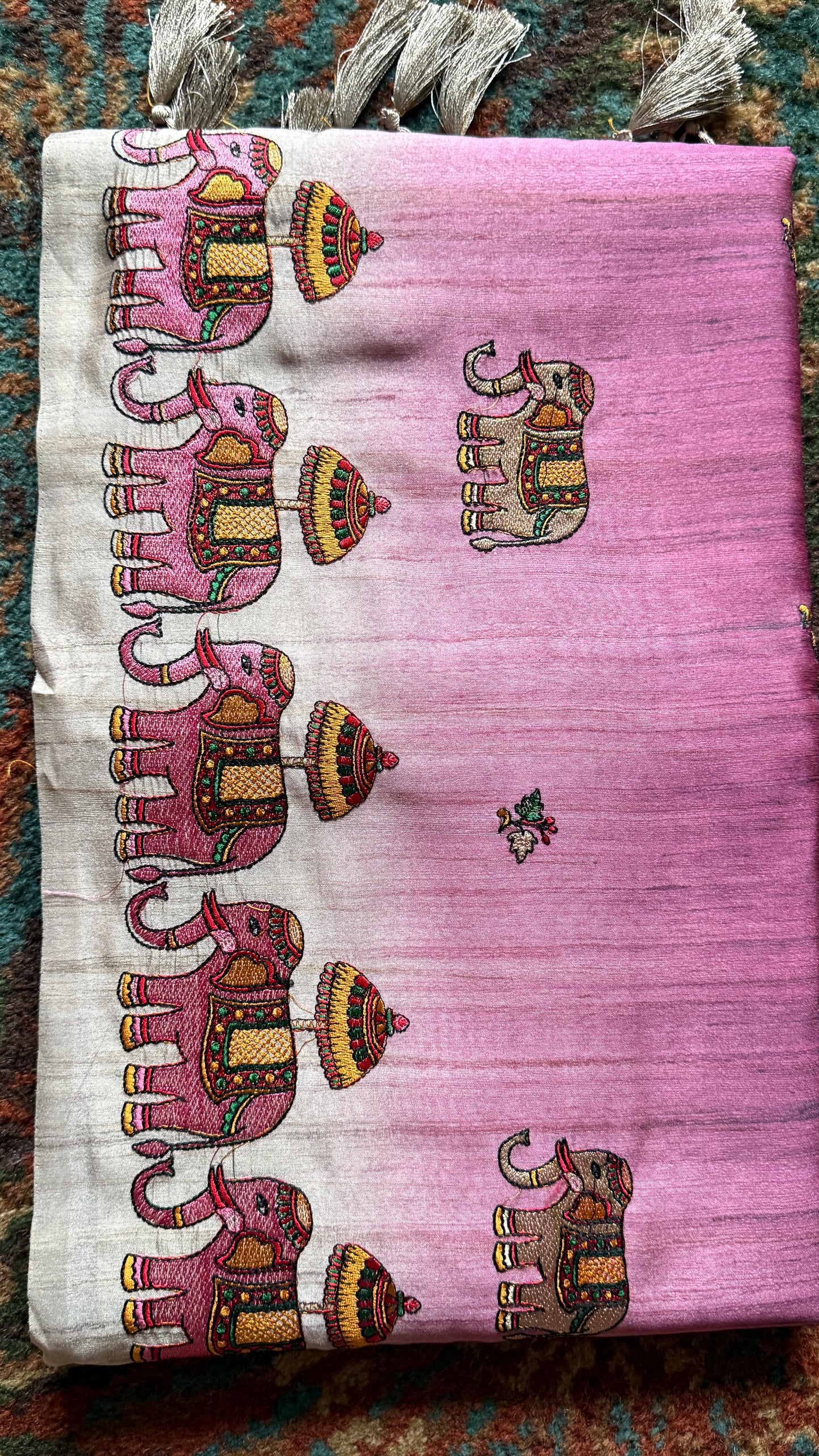 Mauve Ombre Tussar Silk Saree with Narthaki Print & Elephant Applique with Blouse Piece