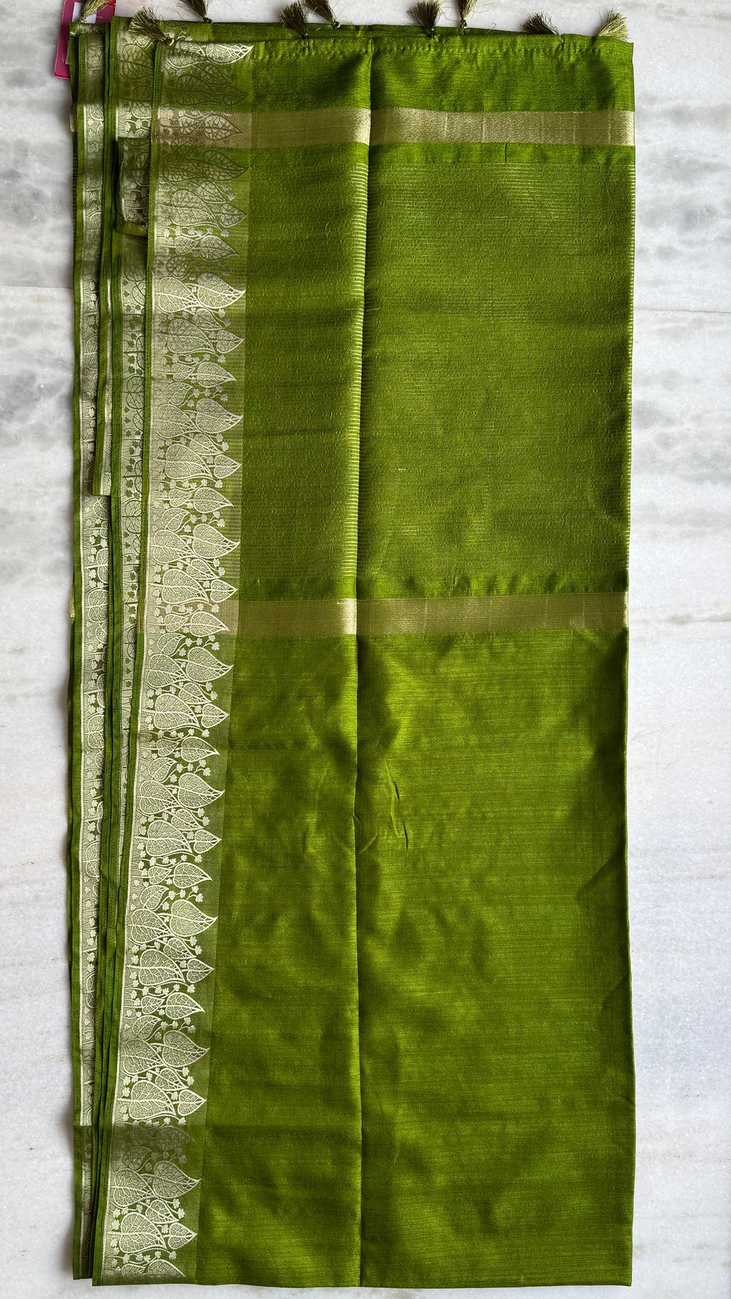 Olive Green Semi Tussar Silk Saree with Gold Leaf Border
