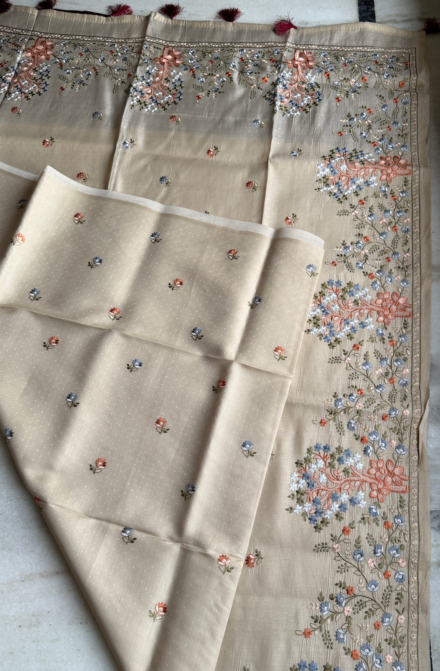 Beige Silk Crepe Saree with Multicolor Floral Embroidery