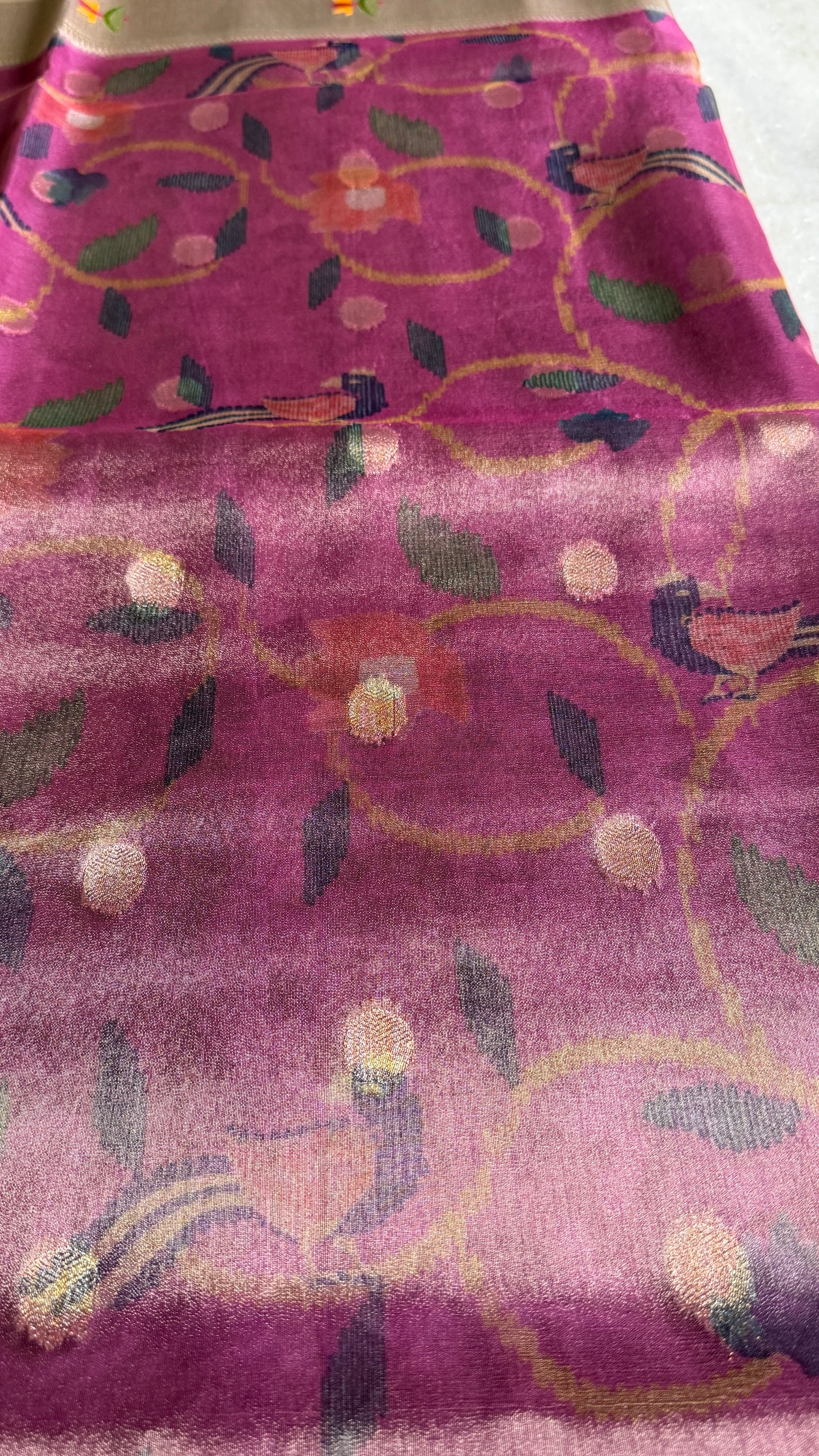 Mauve Pathani Tissue Organza Saree with Zari Border – Floral Bird Motif