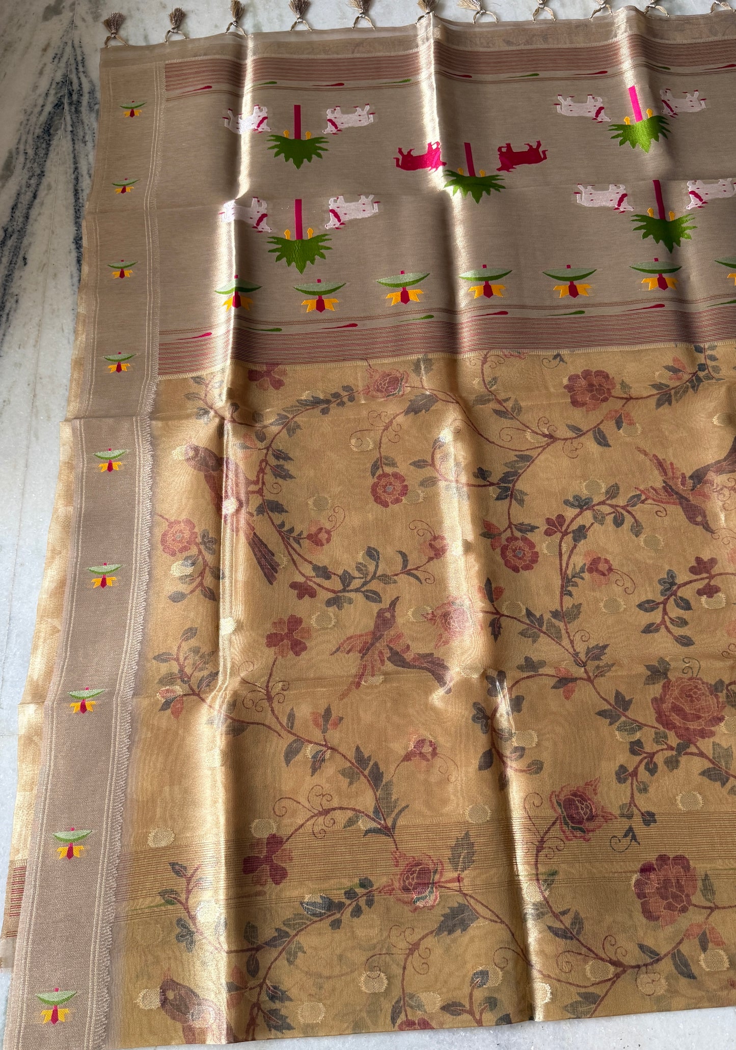 Golden Pathani Tissue Organza Saree with Zari Border – Floral Bird Motif |