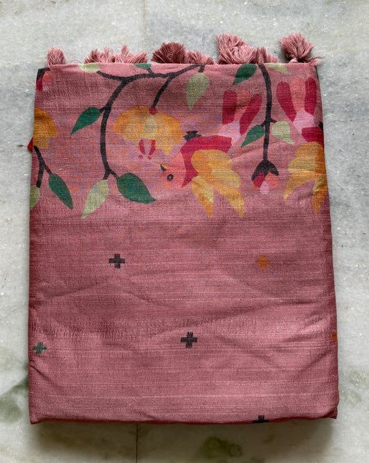 Dusty Rose Tussar Cotton Saree with Bird Motif Border – Traditional Handloom Style