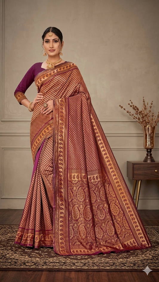 Copper Zari Silk Saree with Blouse Piece – Traditional Paisley Design Woven Saree for Weddings & Festive Wear