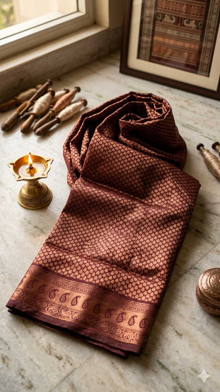 Copper Zari Silk Saree with Blouse Piece – Traditional Paisley Design Woven Saree for Weddings & Festive Wear