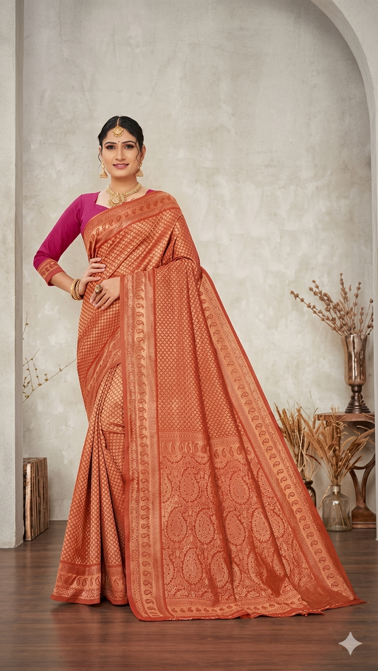 Copper Zari Silk Saree in Burnt with Blouse Piece