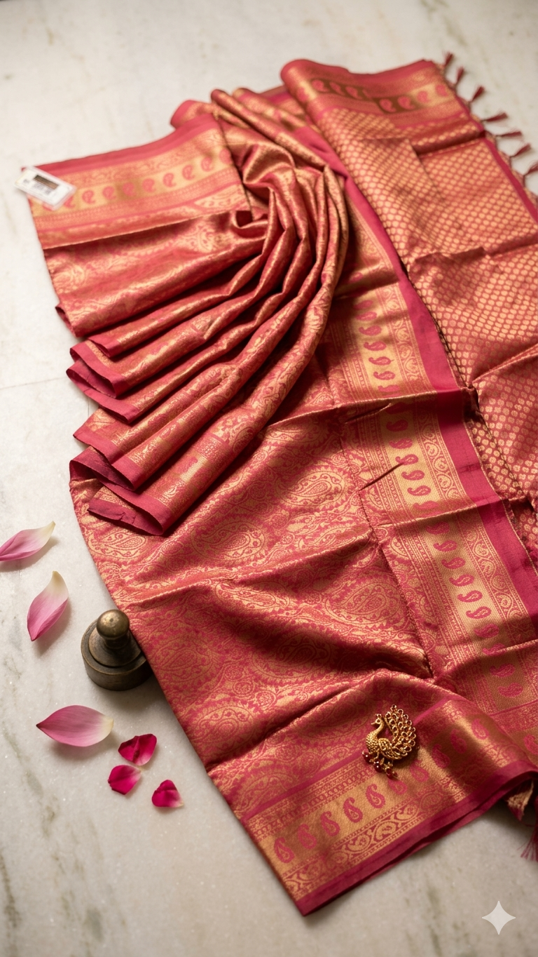 Copper Zari Silk Saree in Burnt with Blouse Piece