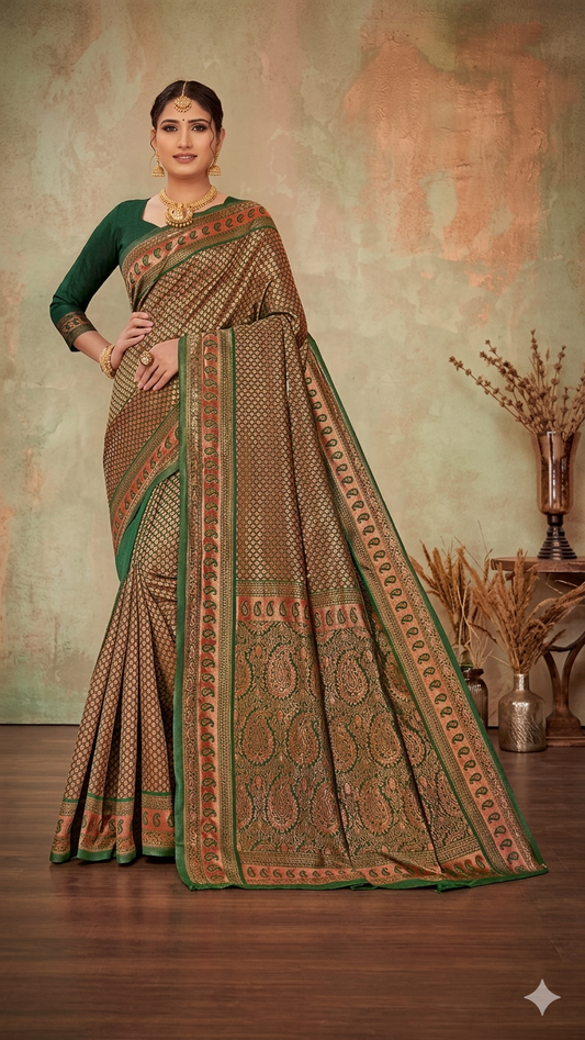 Green Copper Zari Silk Saree with Blouse Piece – Traditional Paisley Design for Wedding & Festive Wear