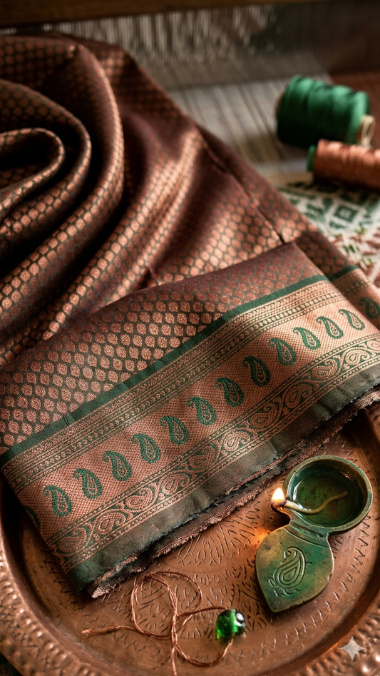 Green Copper Zari Silk Saree with Blouse Piece – Traditional Paisley Design for Wedding & Festive Wear