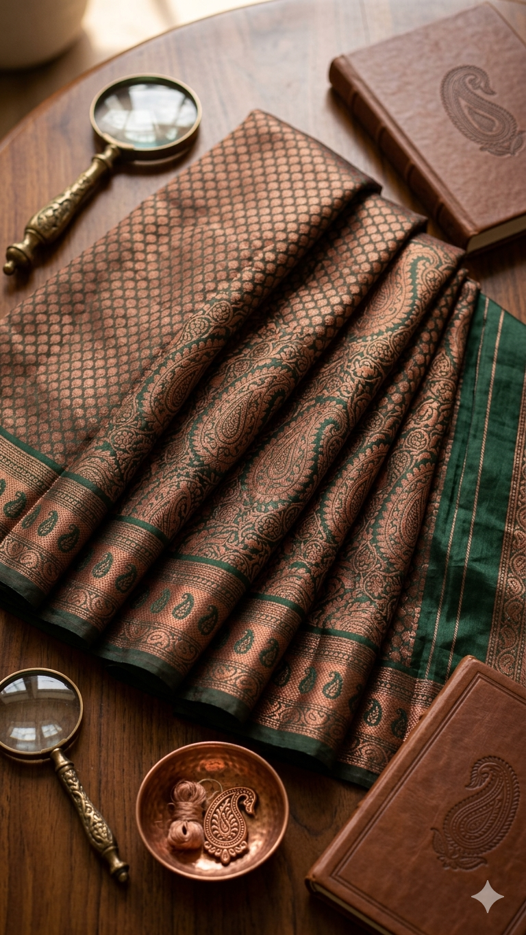 Green Copper Zari Silk Saree with Blouse Piece – Traditional Paisley Design for Wedding & Festive Wear