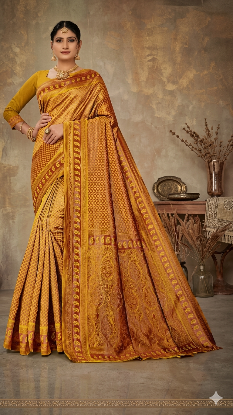 Golden Copper Zari Silk Saree with Blouse Piece – Traditional Paisley Design for Festive & Wedding Wear