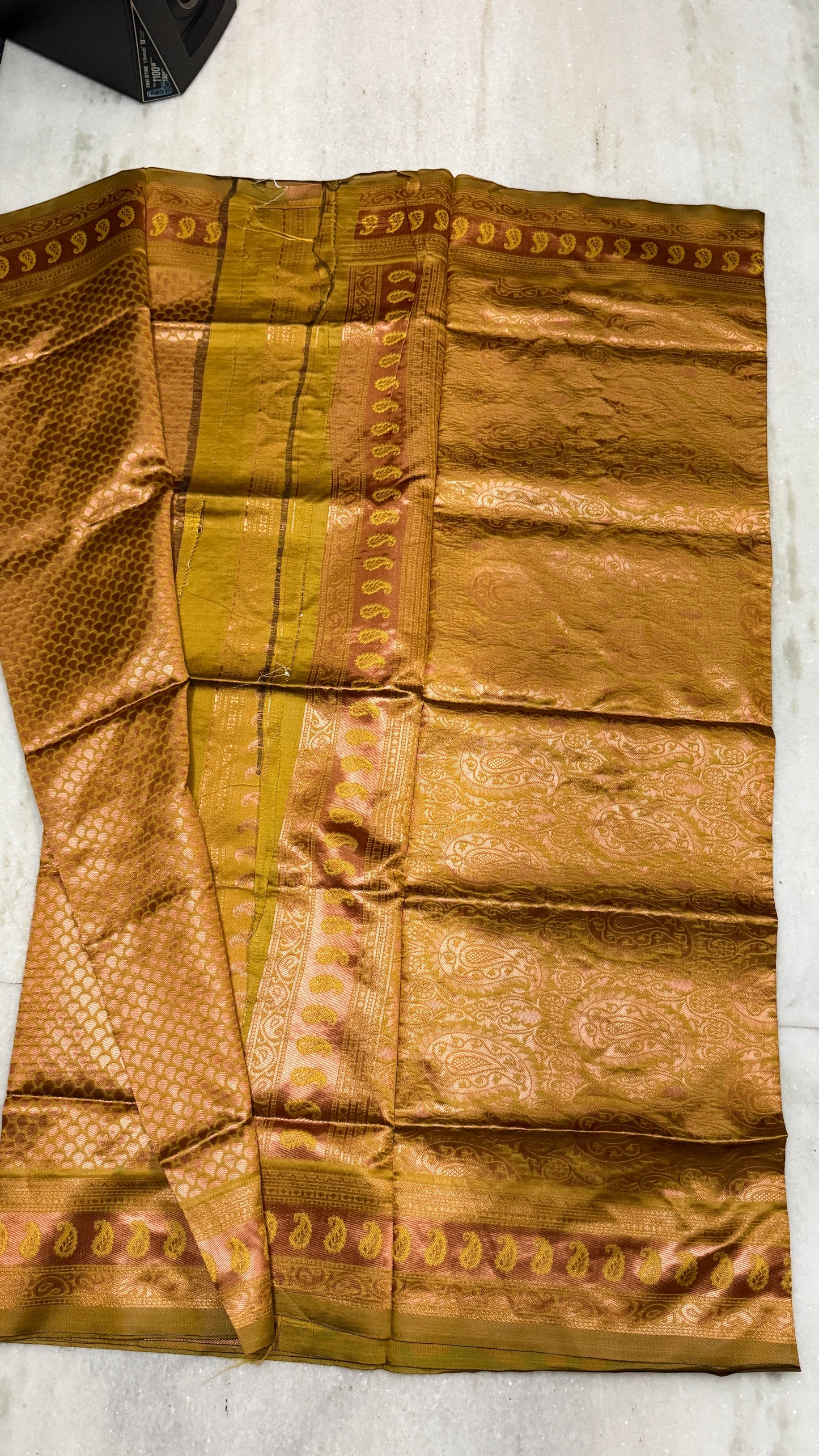 Golden Copper Zari Silk Saree with Blouse Piece – Traditional Paisley Design for Festive & Wedding Wear