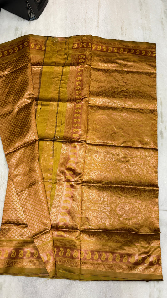 Golden Copper Zari Silk Saree with Blouse Piece – Traditional Paisley Design for Festive & Wedding Wear
