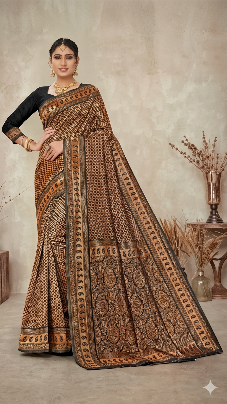 Dark Copper Zari Silk Saree with Blouse Piece – Traditional Paisley Design Wedding & Festive Wear