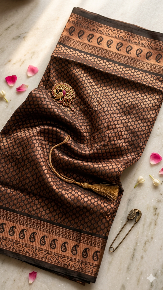 Dark Copper Zari Silk Saree with Blouse Piece – Traditional Paisley Design Wedding & Festive Wear