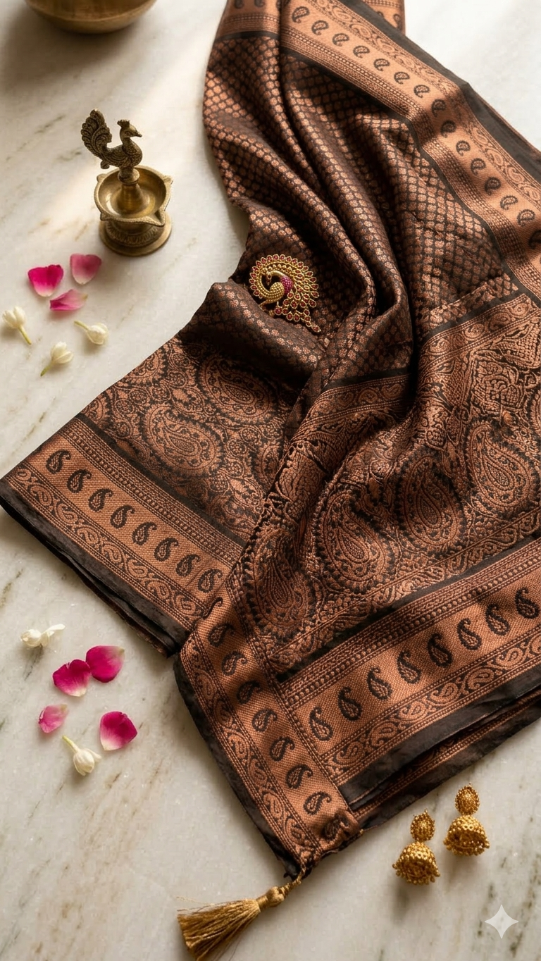 Dark Copper Zari Silk Saree with Blouse Piece – Traditional Paisley Design Wedding & Festive Wear