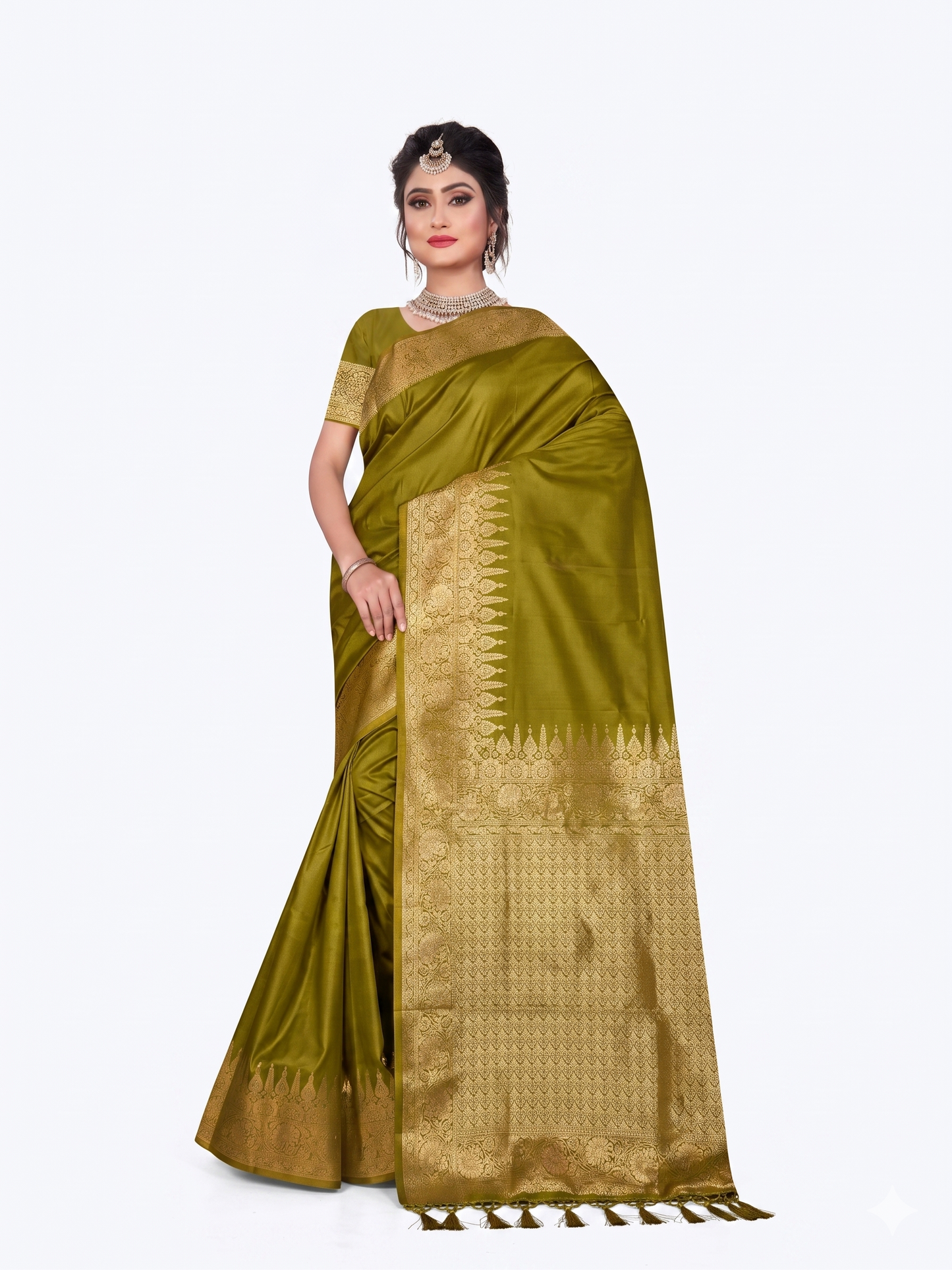 Kaya Kalpo Olive Green Satin Crepe Silk Saree | Gold Zari Woven Pallu & Border | Festive & Bridal Wear